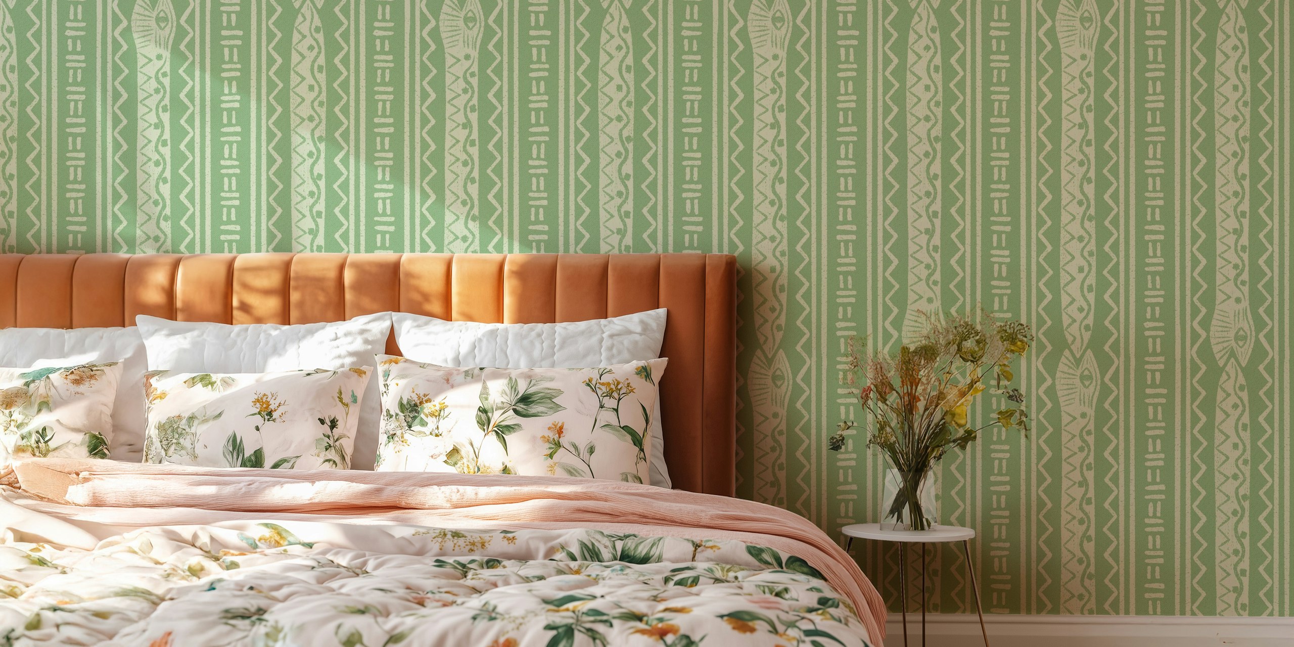 Snake pattern in stripes on sage green background wallpaper