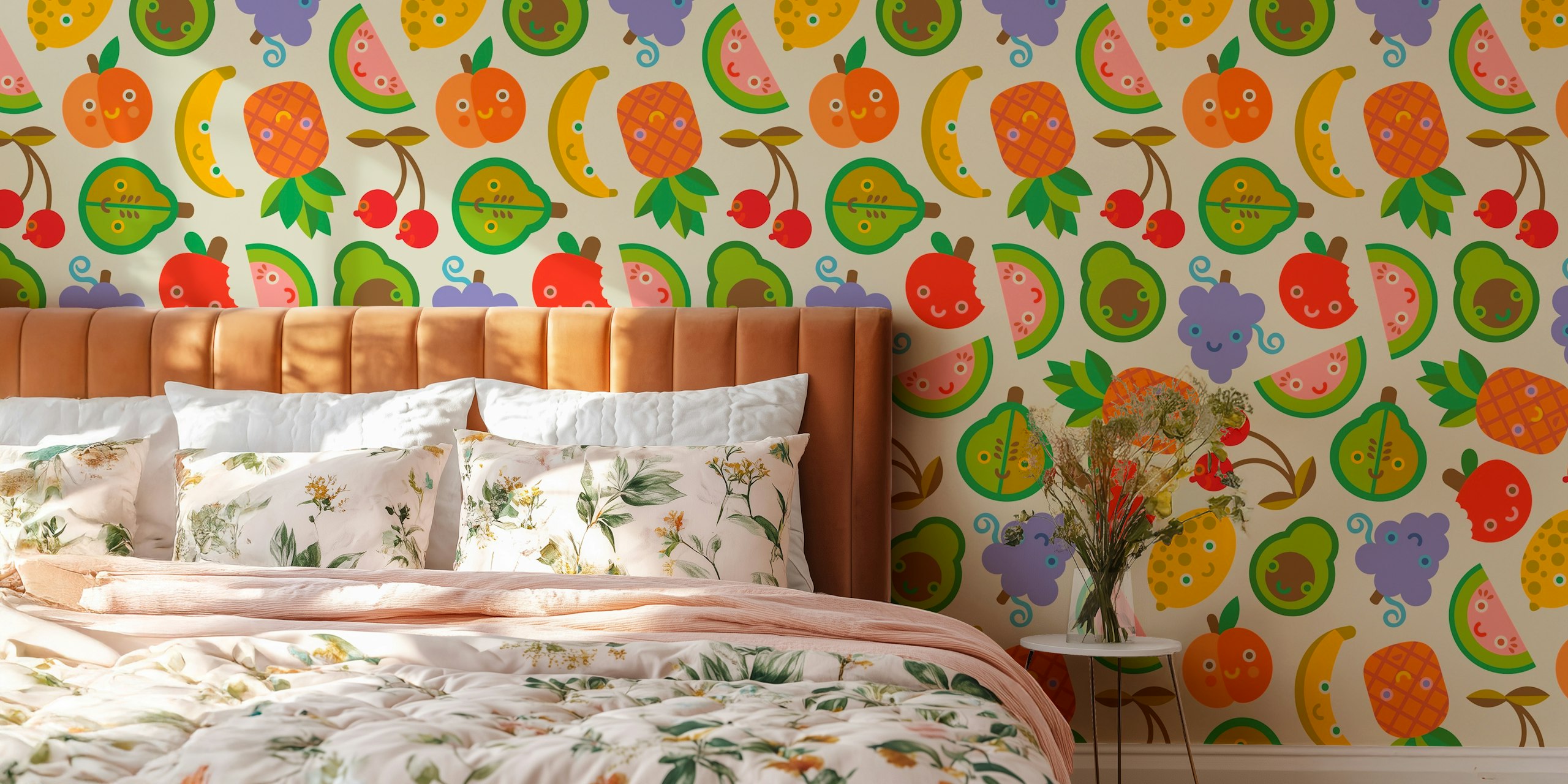 Colorful kawaii fruit pattern with smiling faces, including apples, grapes, and pineapples wallpaper