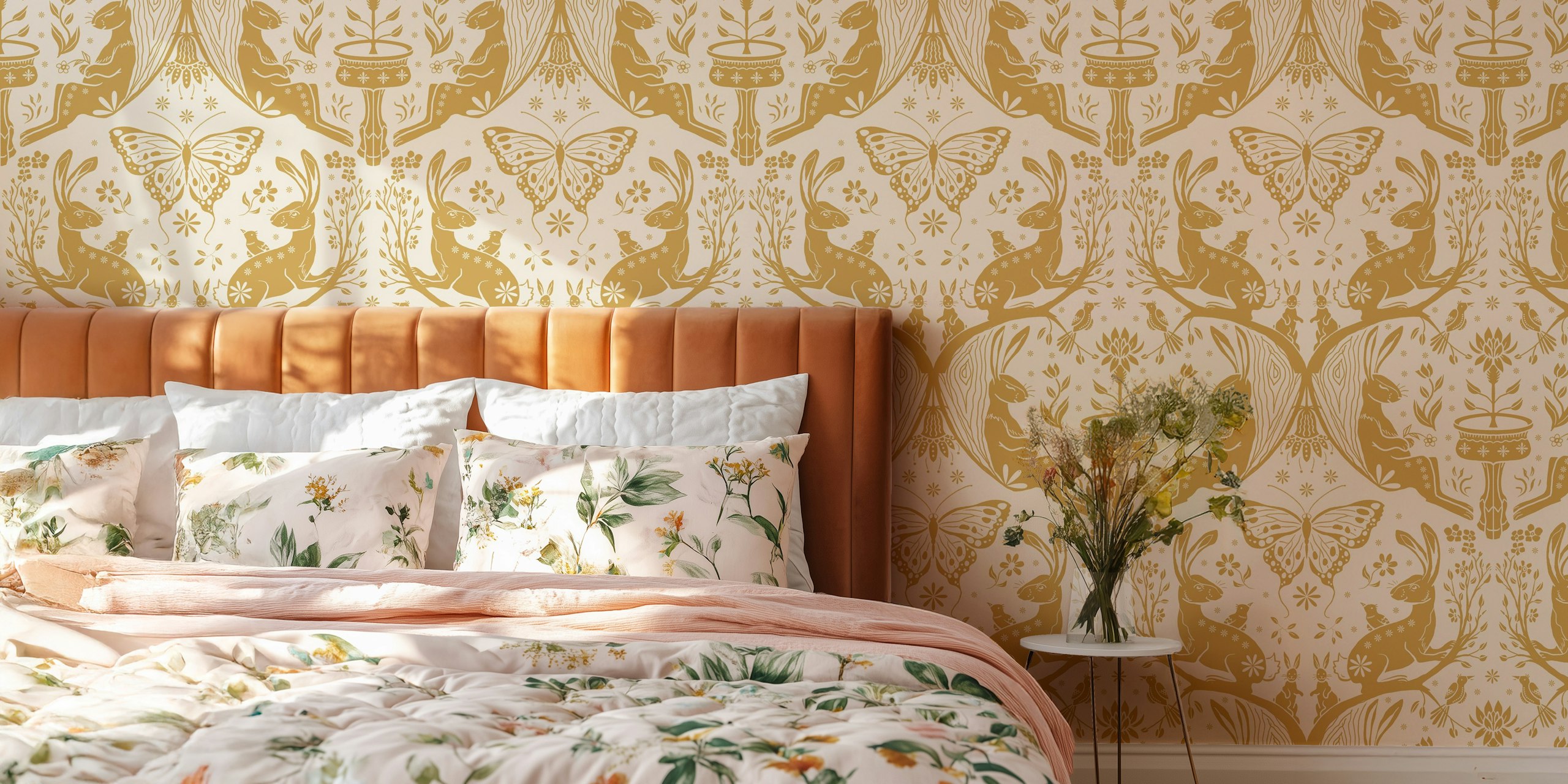 Playful rabbits and butterflies in gold on beige wallpaper