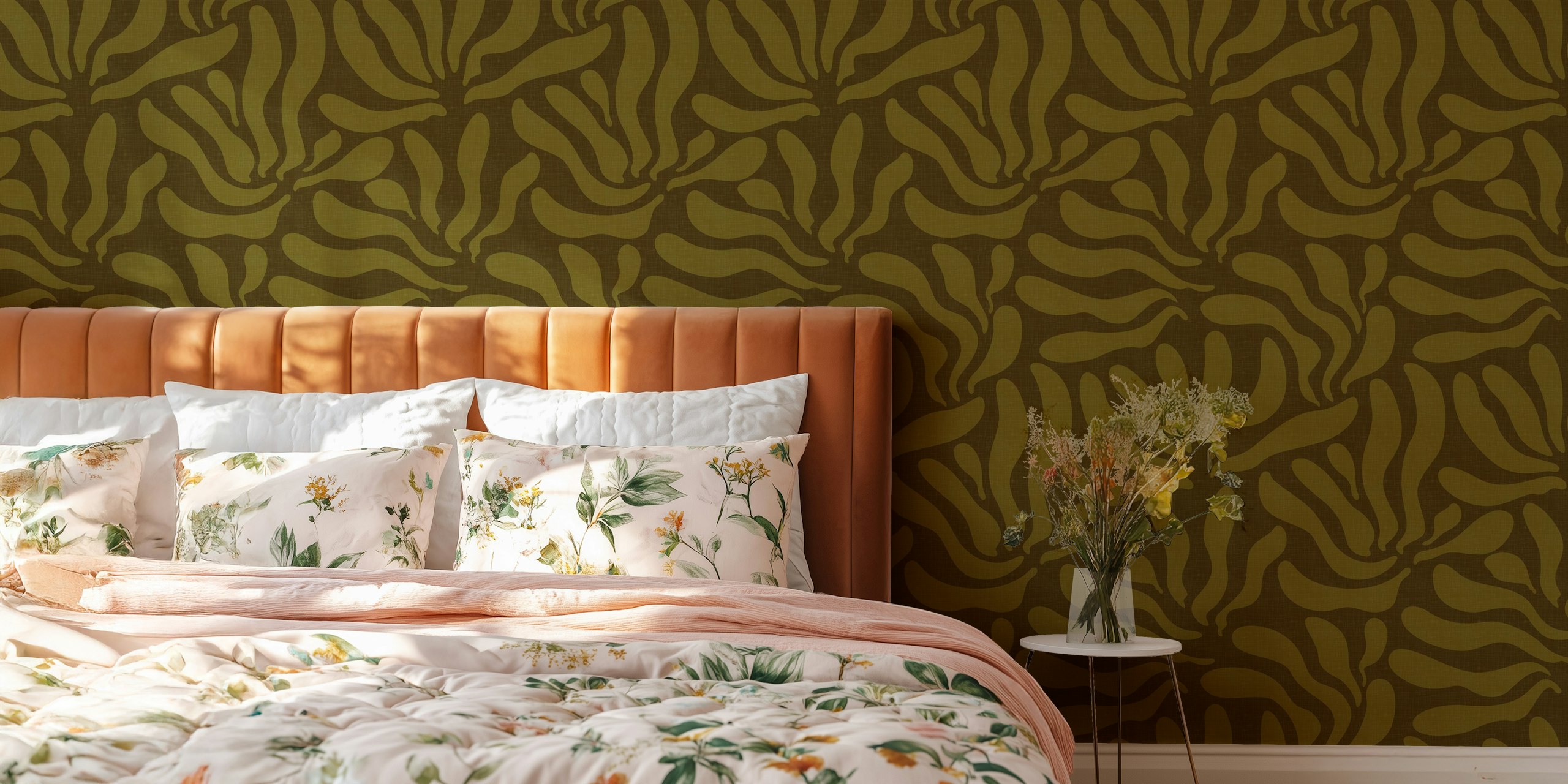 Flowing Modern Leaves Khaki wallpaper in room