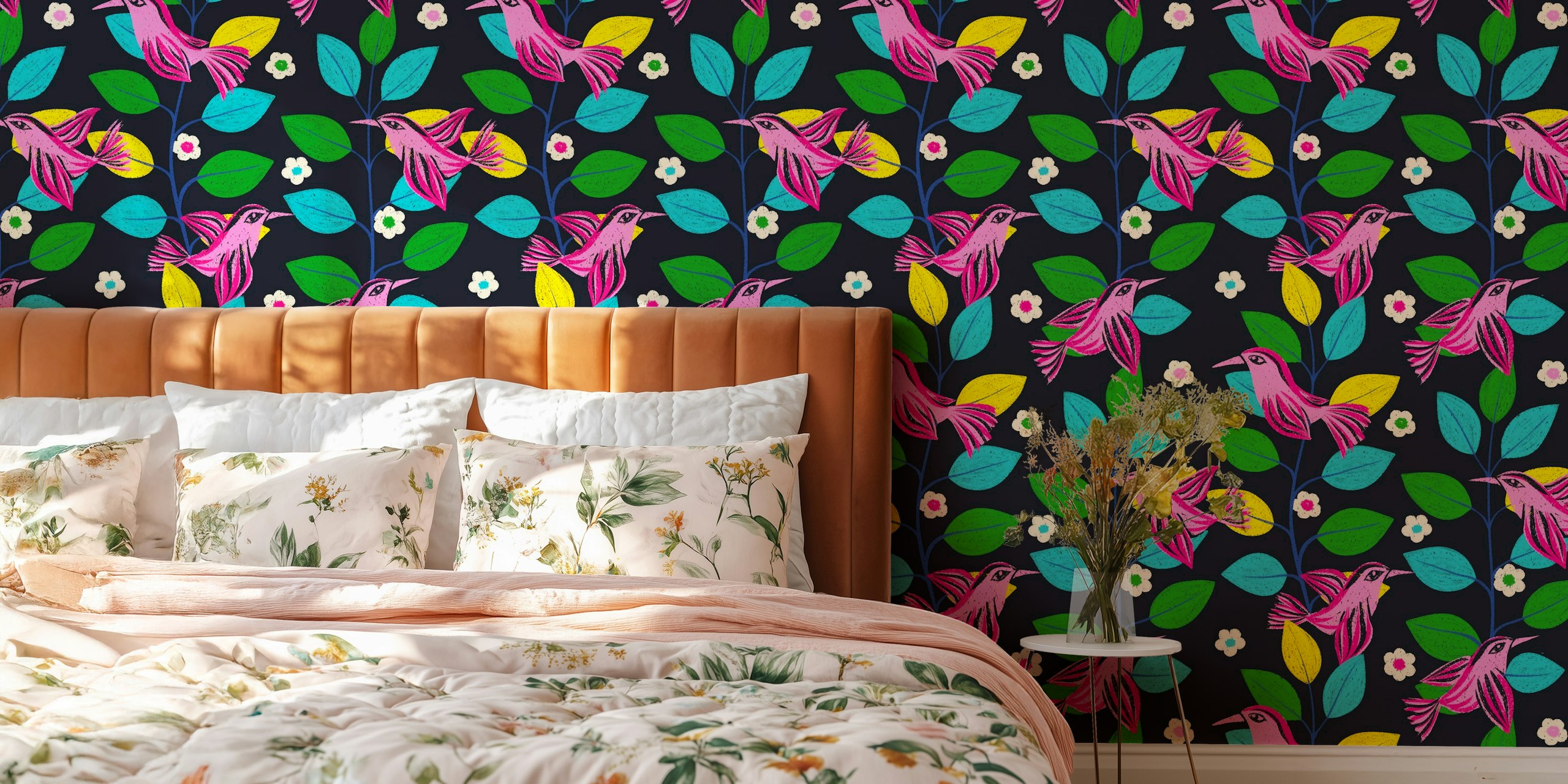 Colorful birds among bright green and yellow leaves with white flowers wallpaper