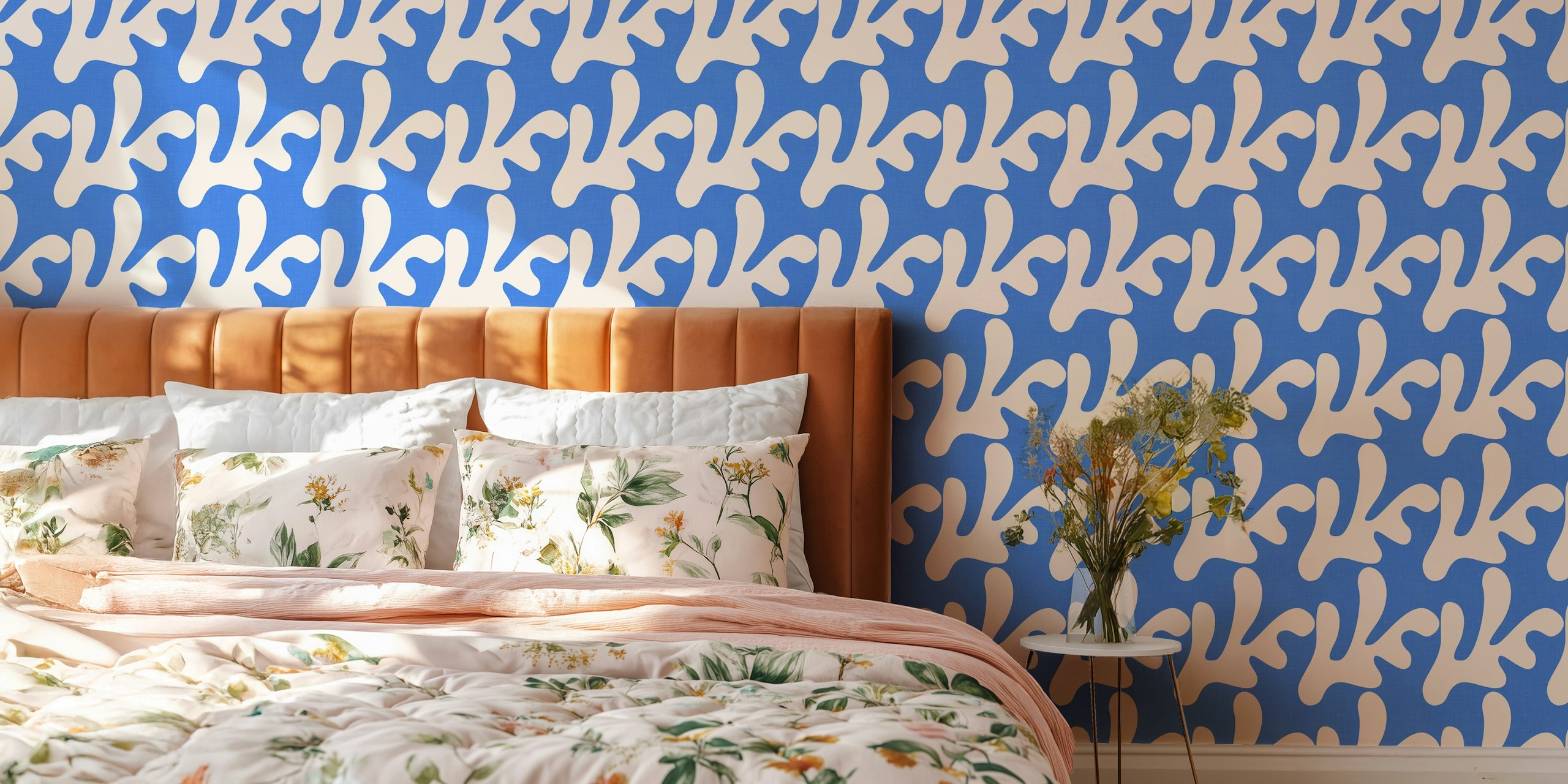 Retro tropical coral shapes on blue background wallpaper