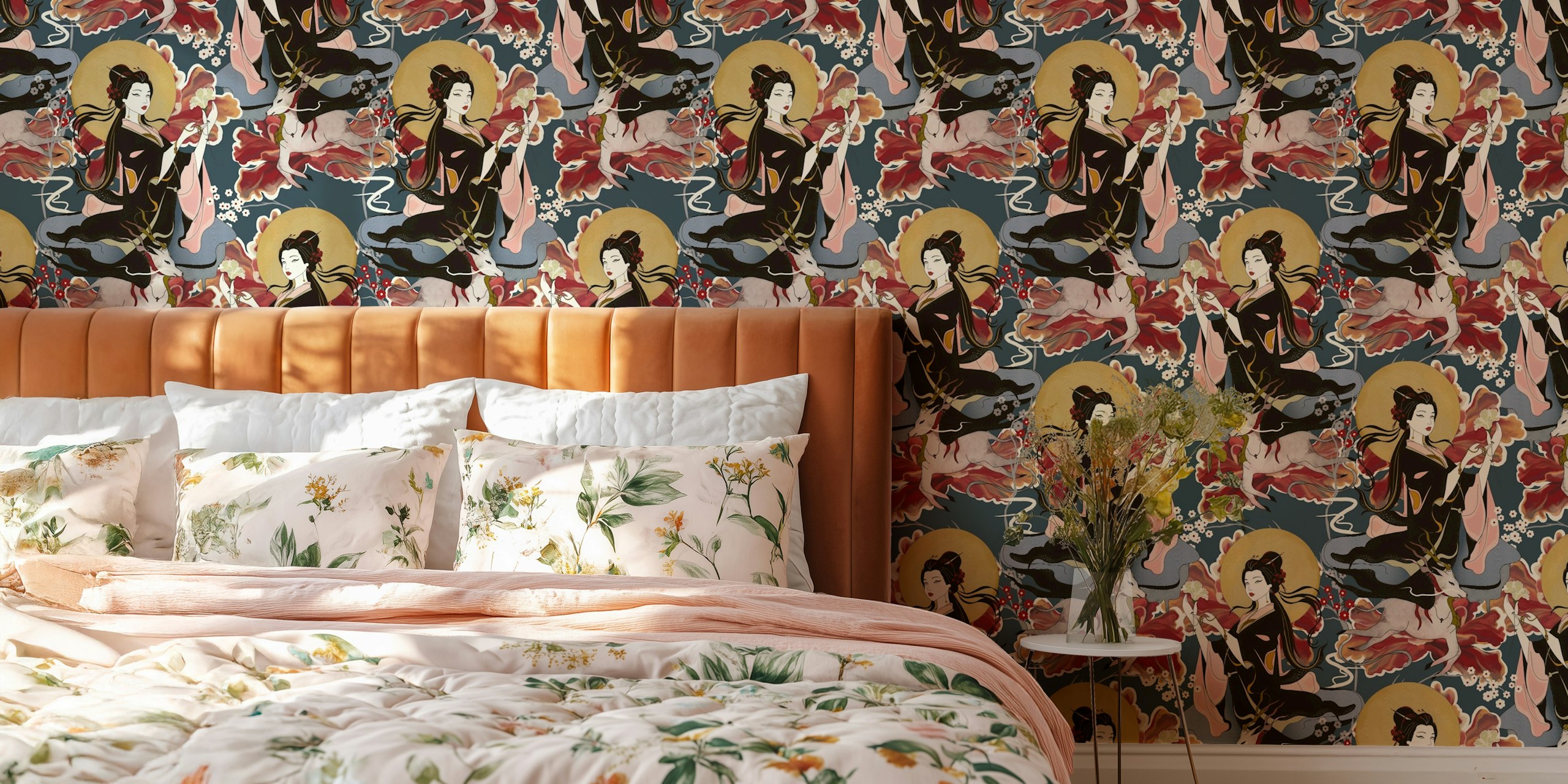 Oriental floral wallpaper with geishas, red and navy designs