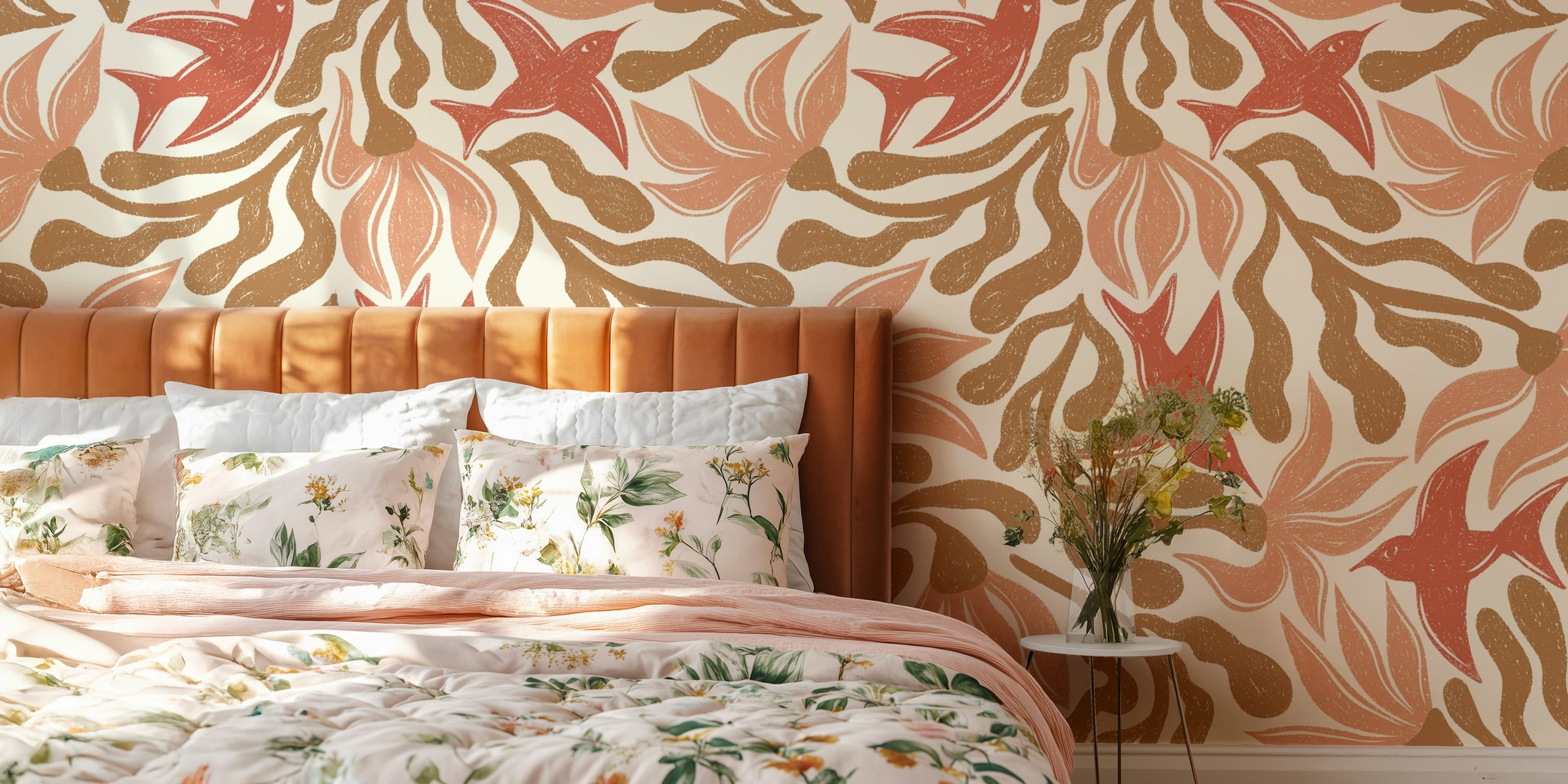 Abstract floral wallpaper lintujen kanssa earthy tones