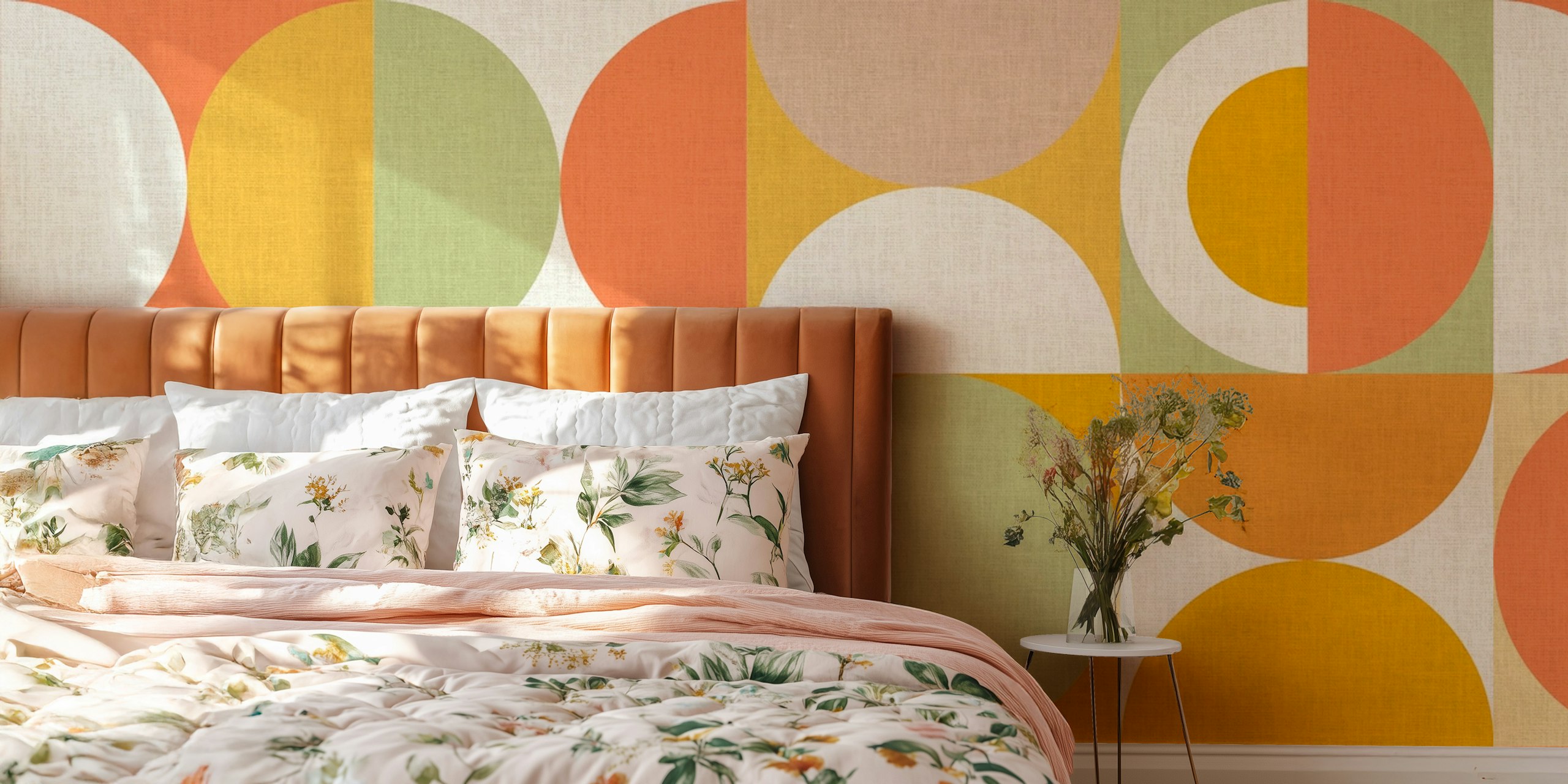 Geometric pattern wallpaper with circles in orange, yellow, green, and cream.