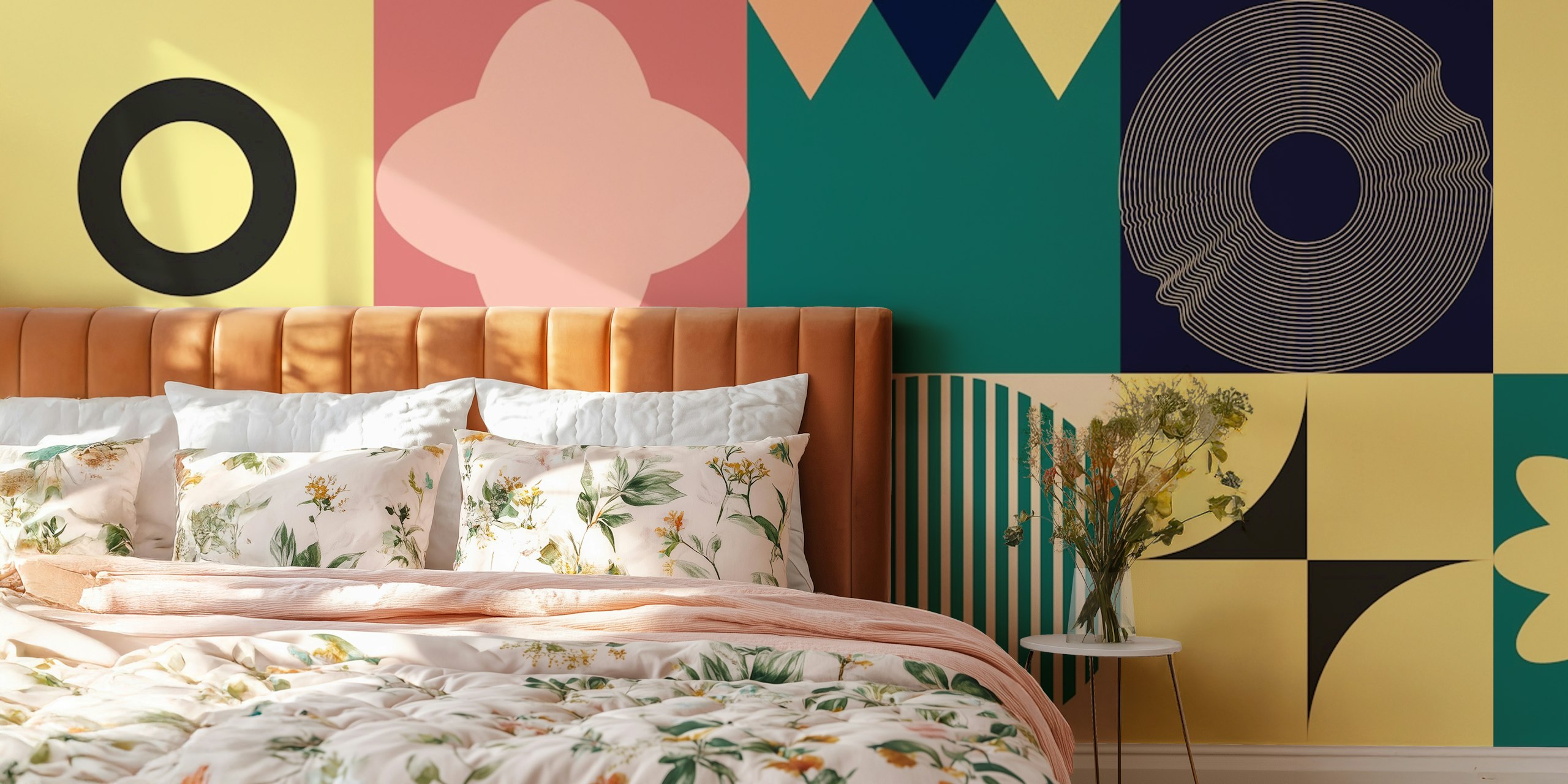 Geometric pattern wallpaper with pink, teal, and cream colors