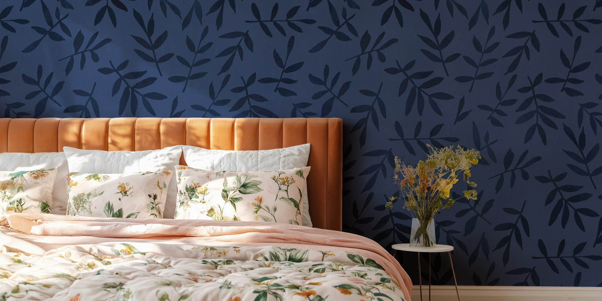 Midnight Blue Ditsy Leaf Design Tapete