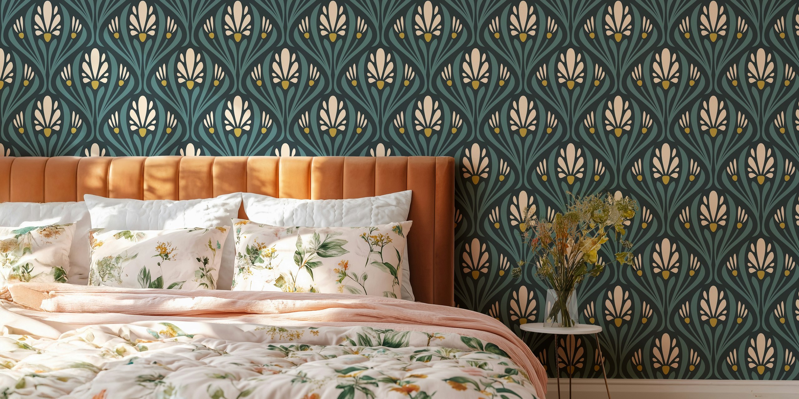 Art Nouveau floral design featuring green and yellow flowers wallpaper