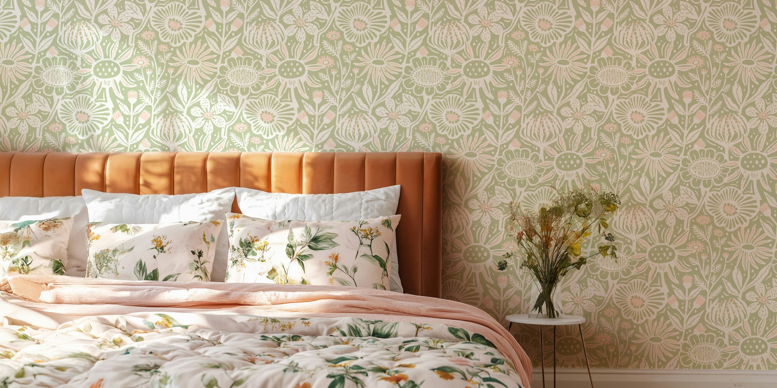 Pink and white flowers on soft green background wallpaper