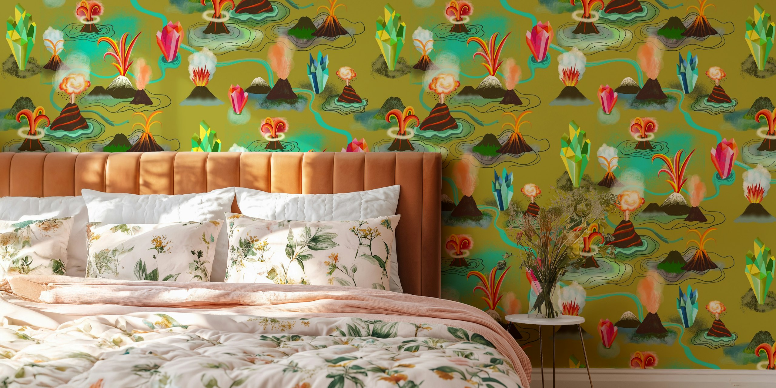 Volcanos and crystals behang in een kamer