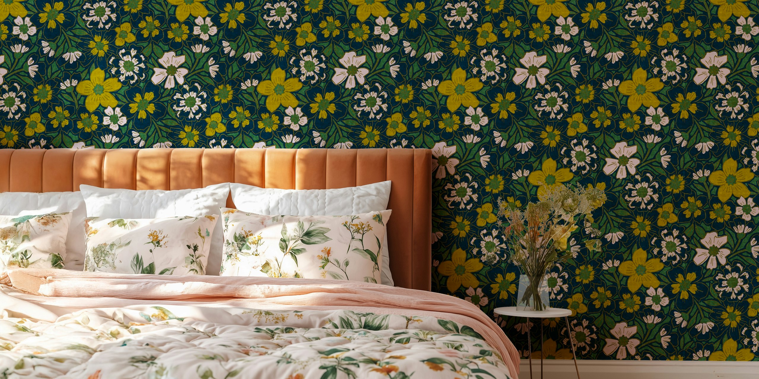Navy floral pattern featuring white and yellow flowers wallpaper