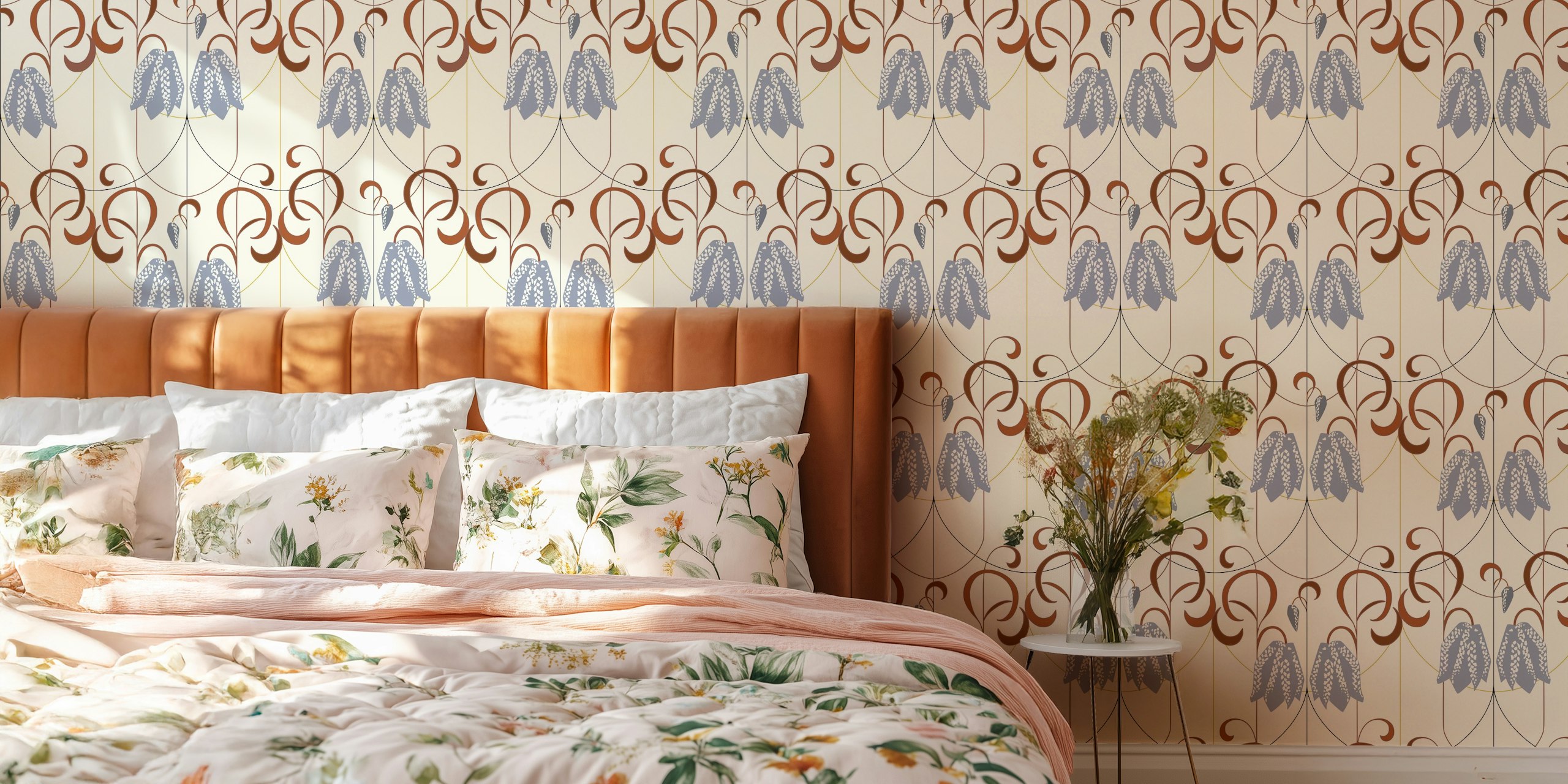 Art Deco Checkered lily pattern in earthy tones wallpaper
