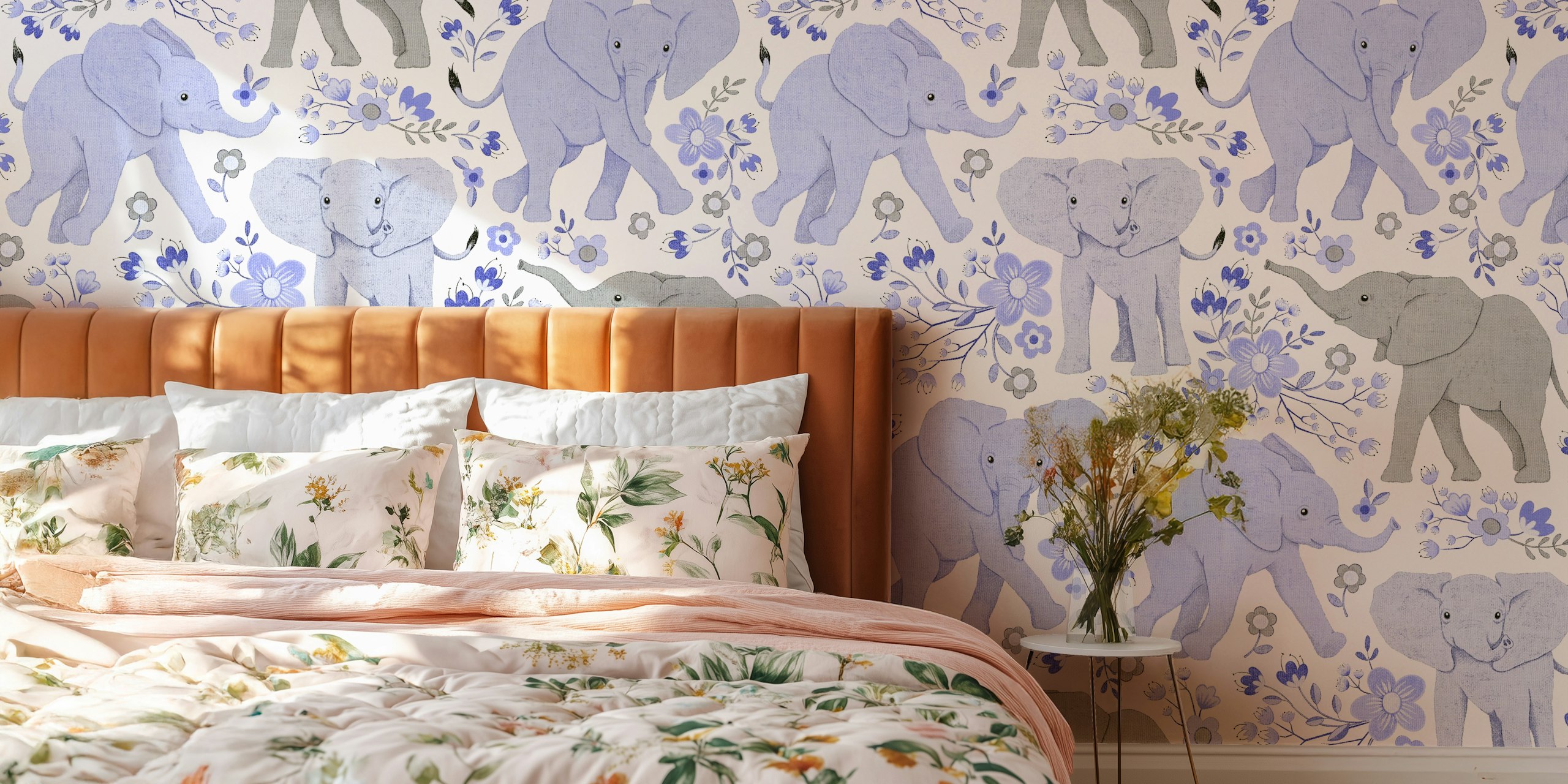Papel de parede Elephants in Wildflowers em um quarto