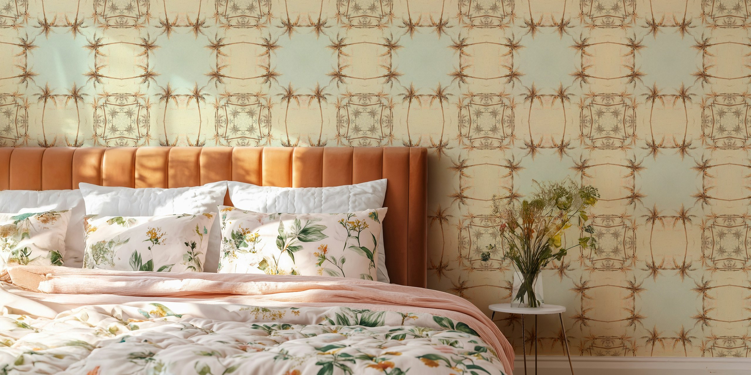 Palm trees against a pale blue background in a repetitive pattern wallpaper