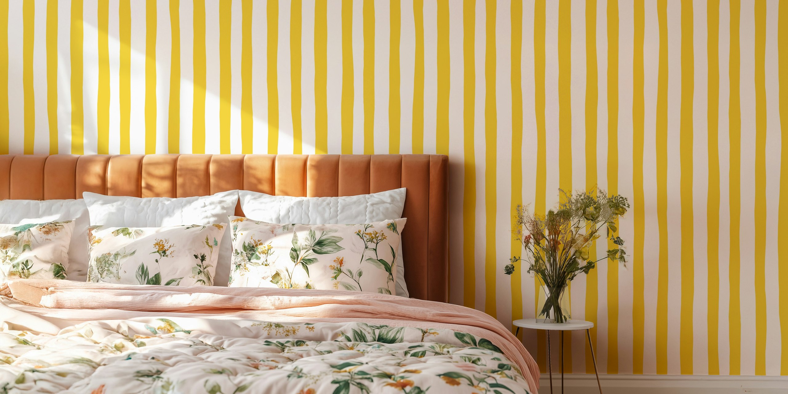 Yellow and white painterly stripes wallpaper