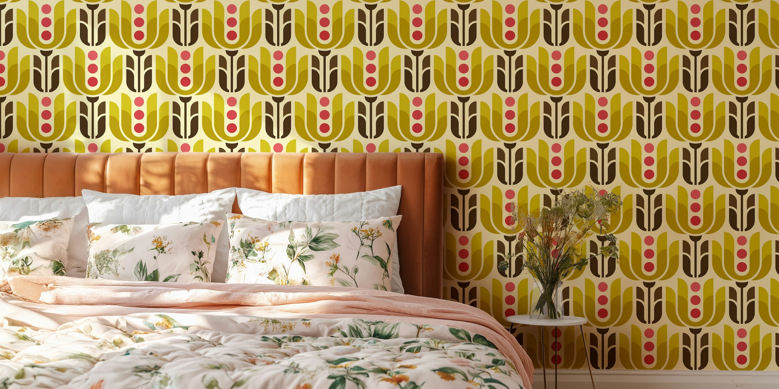 Retro geometric tulips wallpaper in a room