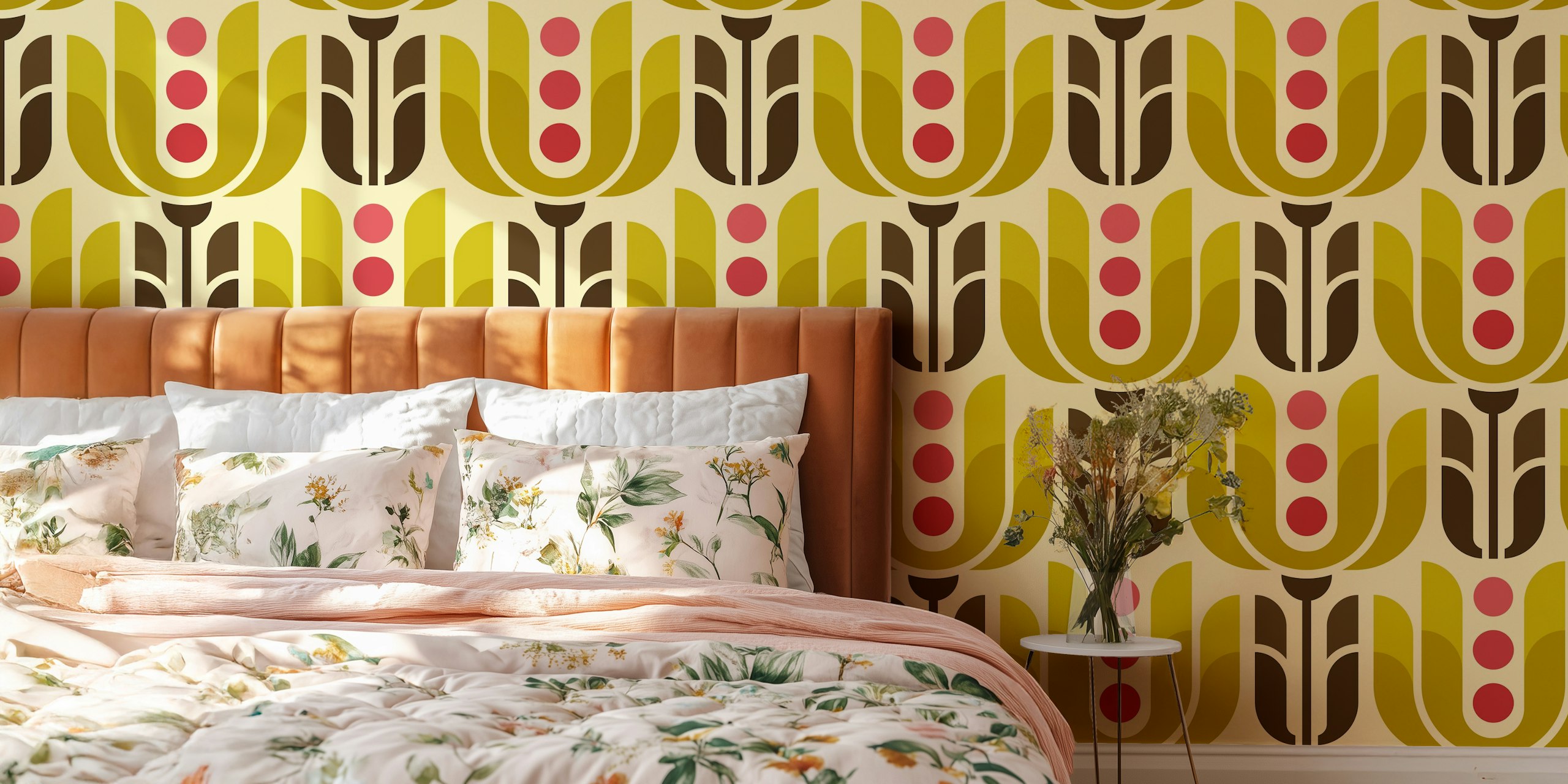 Retro geometric tulips in green and magenta on cream wallpaper