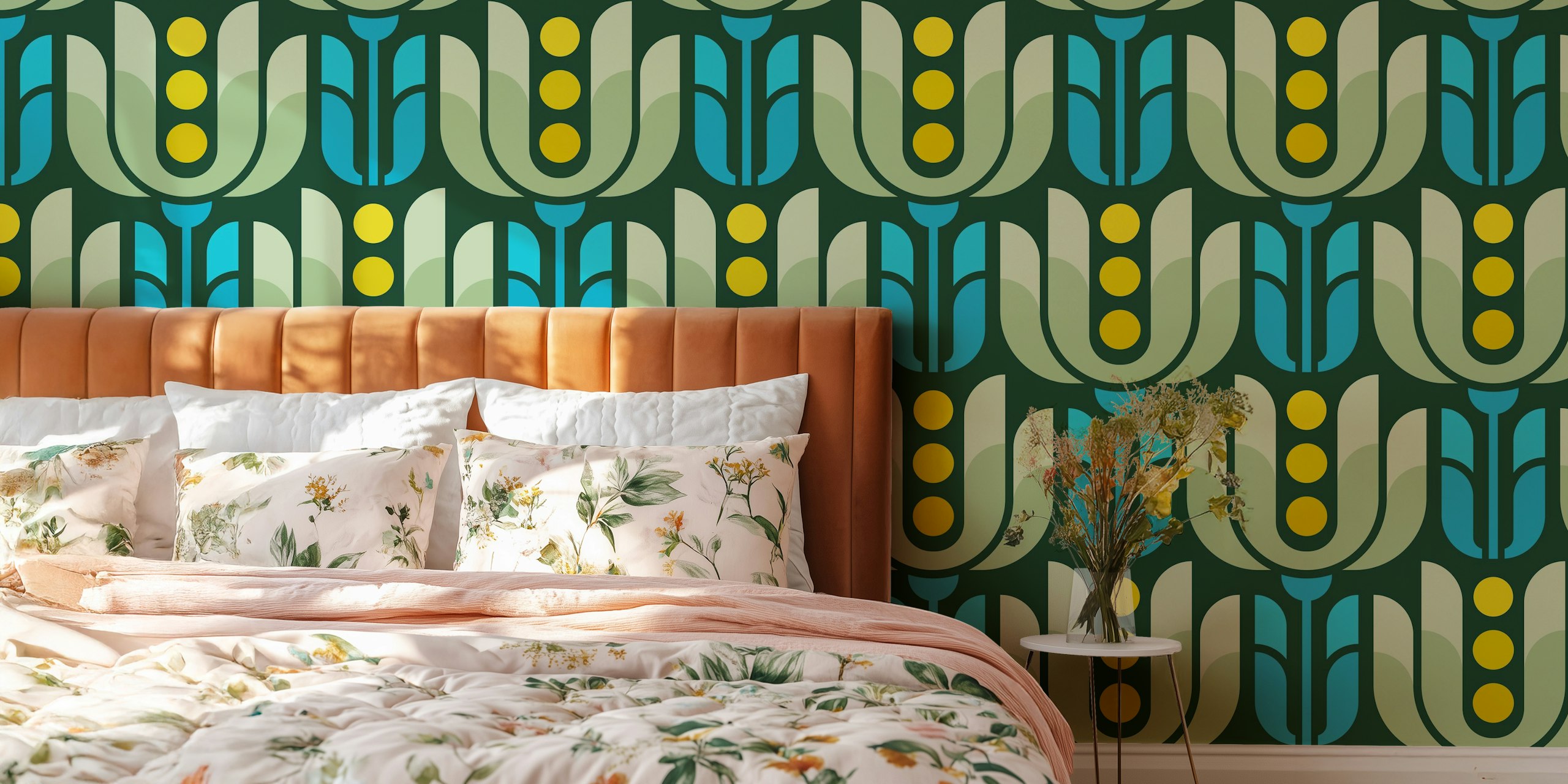 Retro geometric floral design in green and blue wallpaper