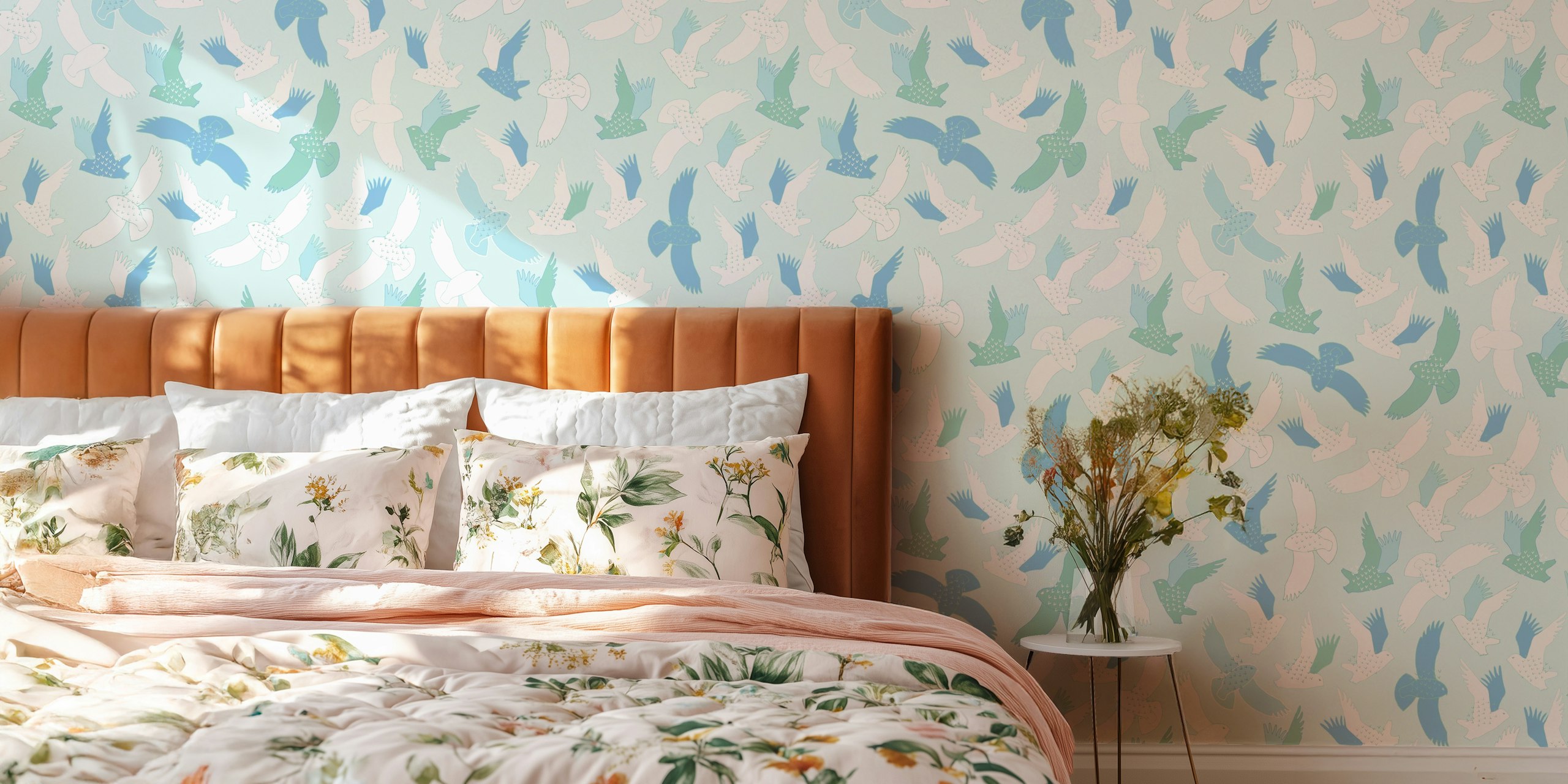 Snowy owls with blue, mint, and white colors in a playful pattern wallpaper