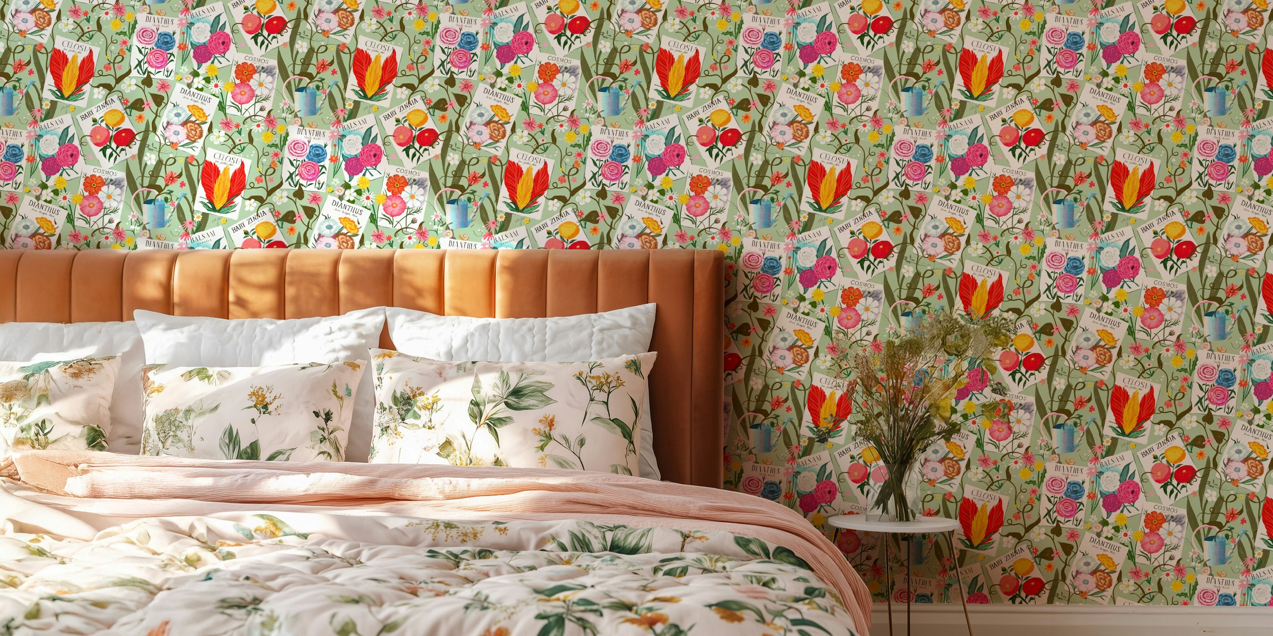 Gardening love seed packets wallpaper in a room