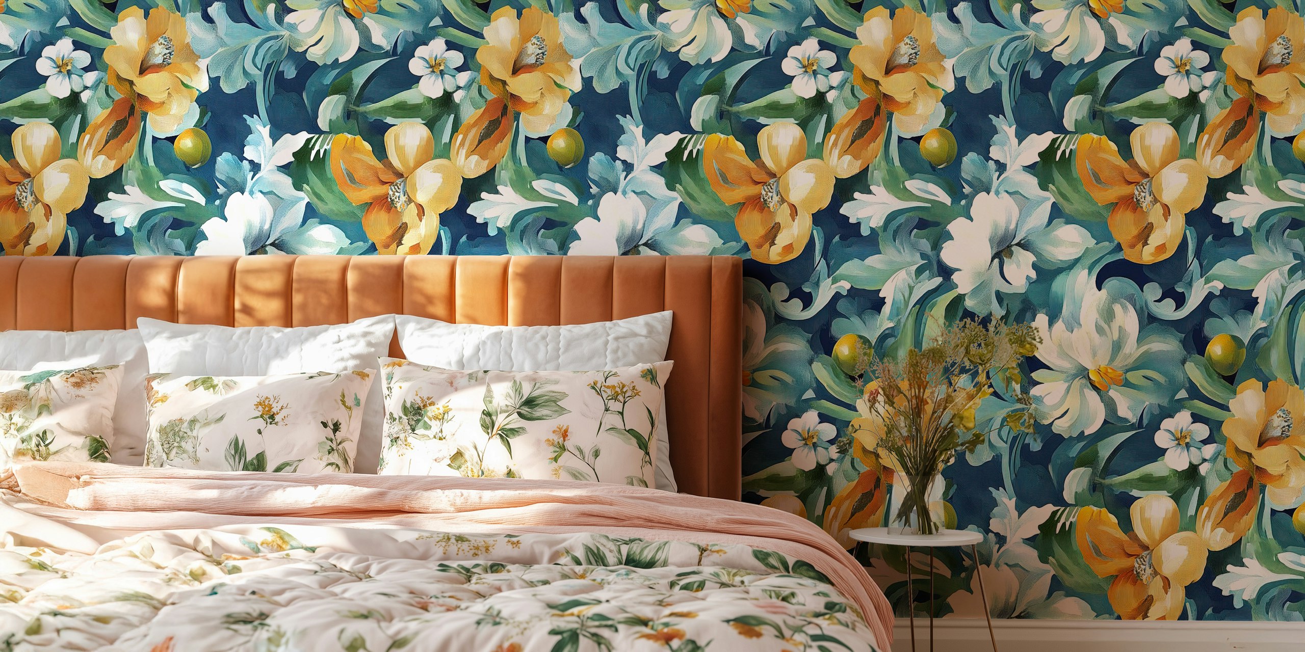 Vibrant blue floral wallpaper with orange and white flowers