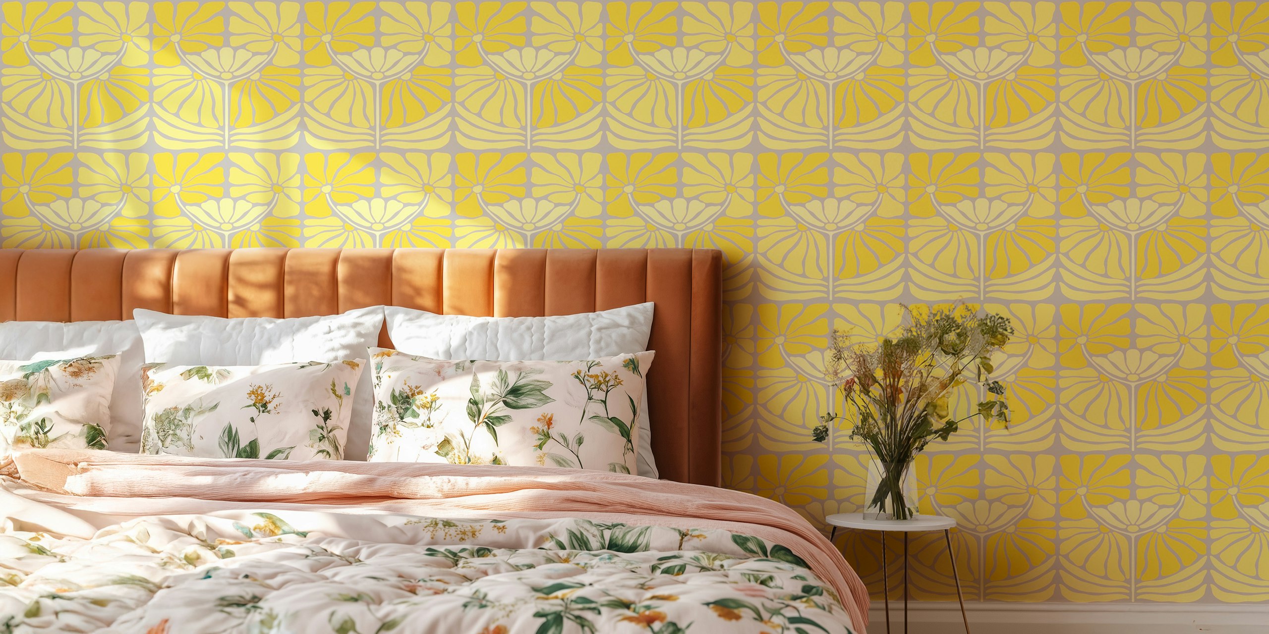 Vintage Yellow Florals wallpaper design in a room