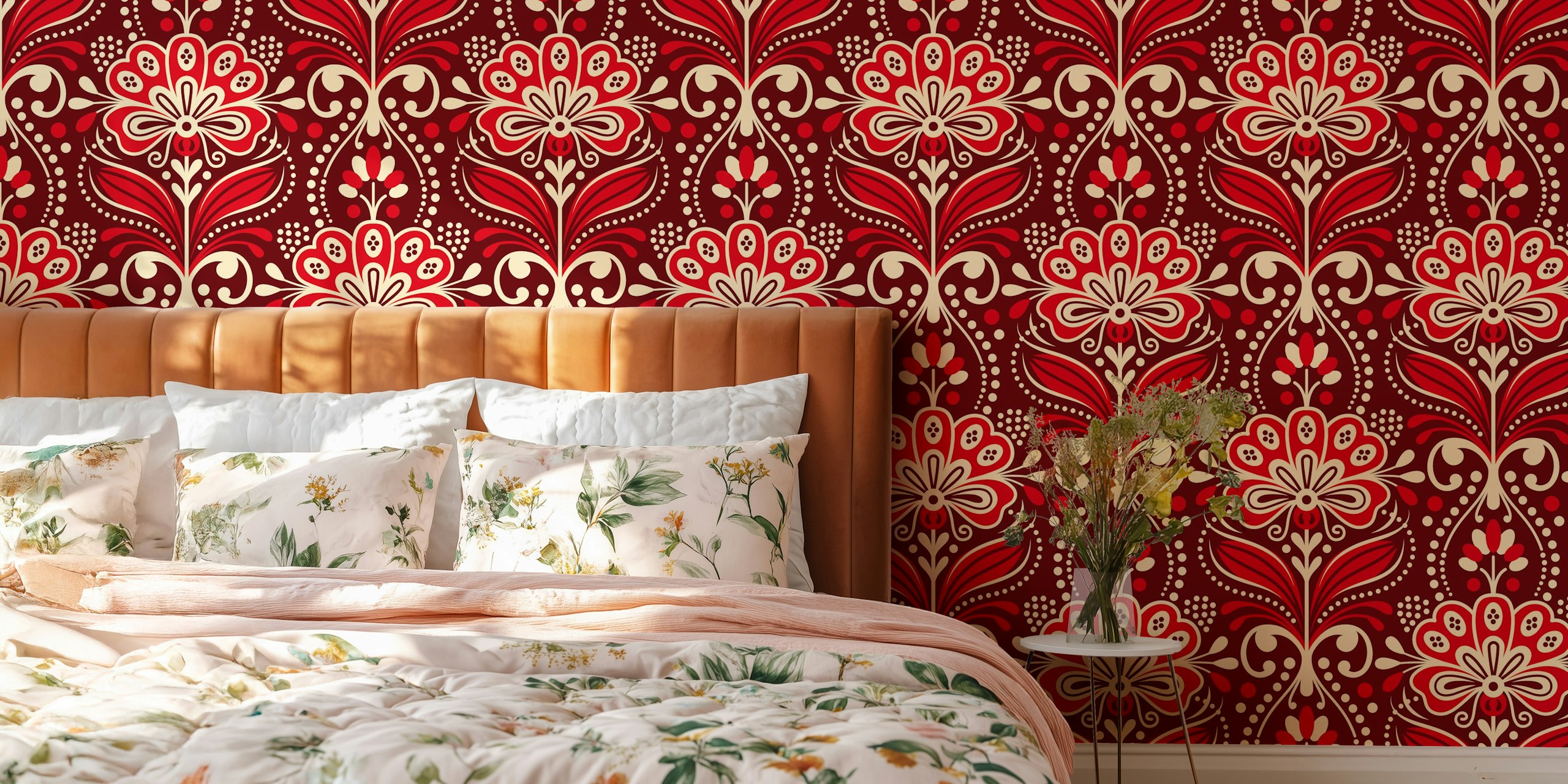 Σκούρο κόκκινο Ornamental vintage florals wallpaper