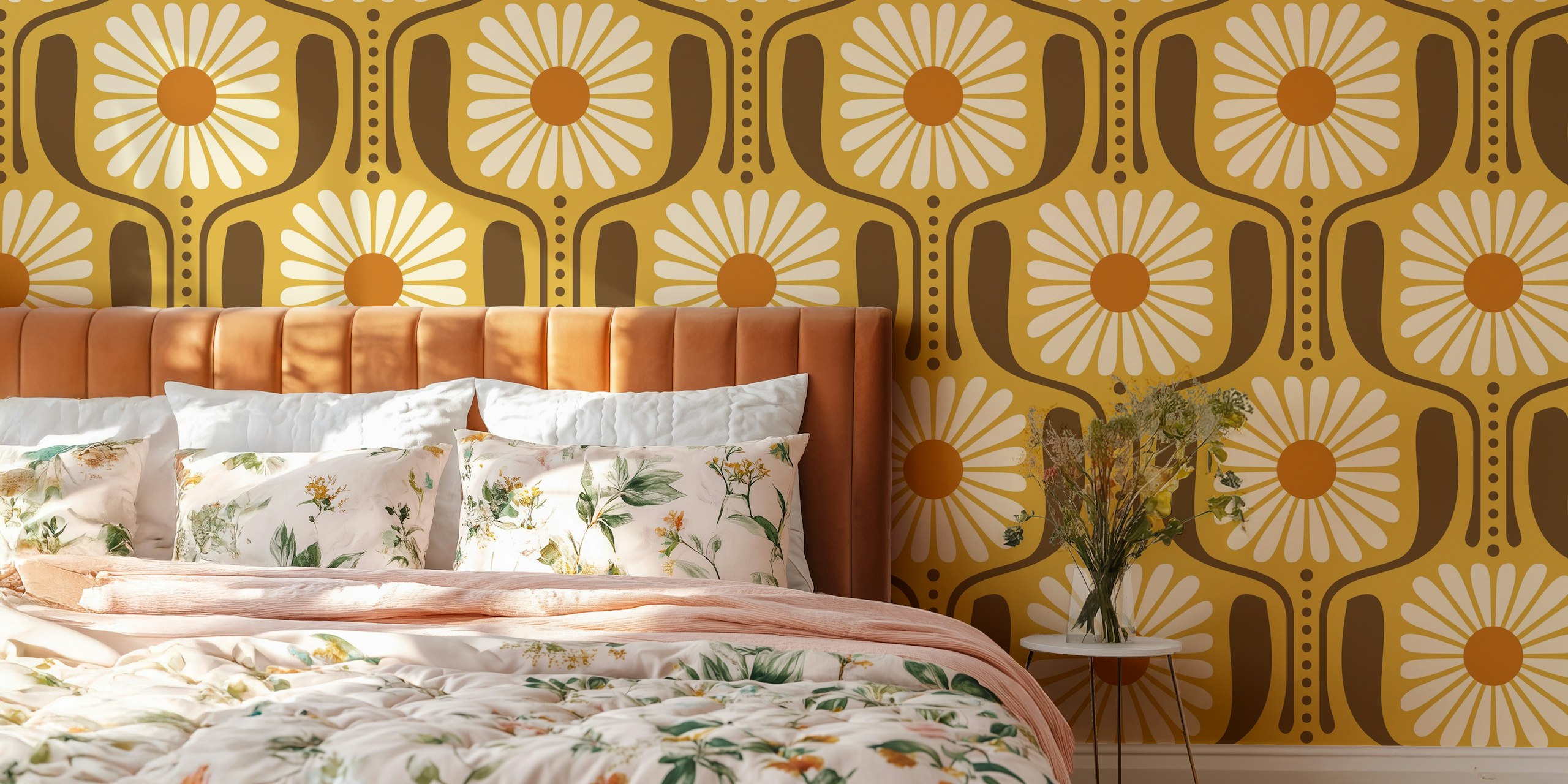 Yellow daisy floral pattern wallpaper with brown accents