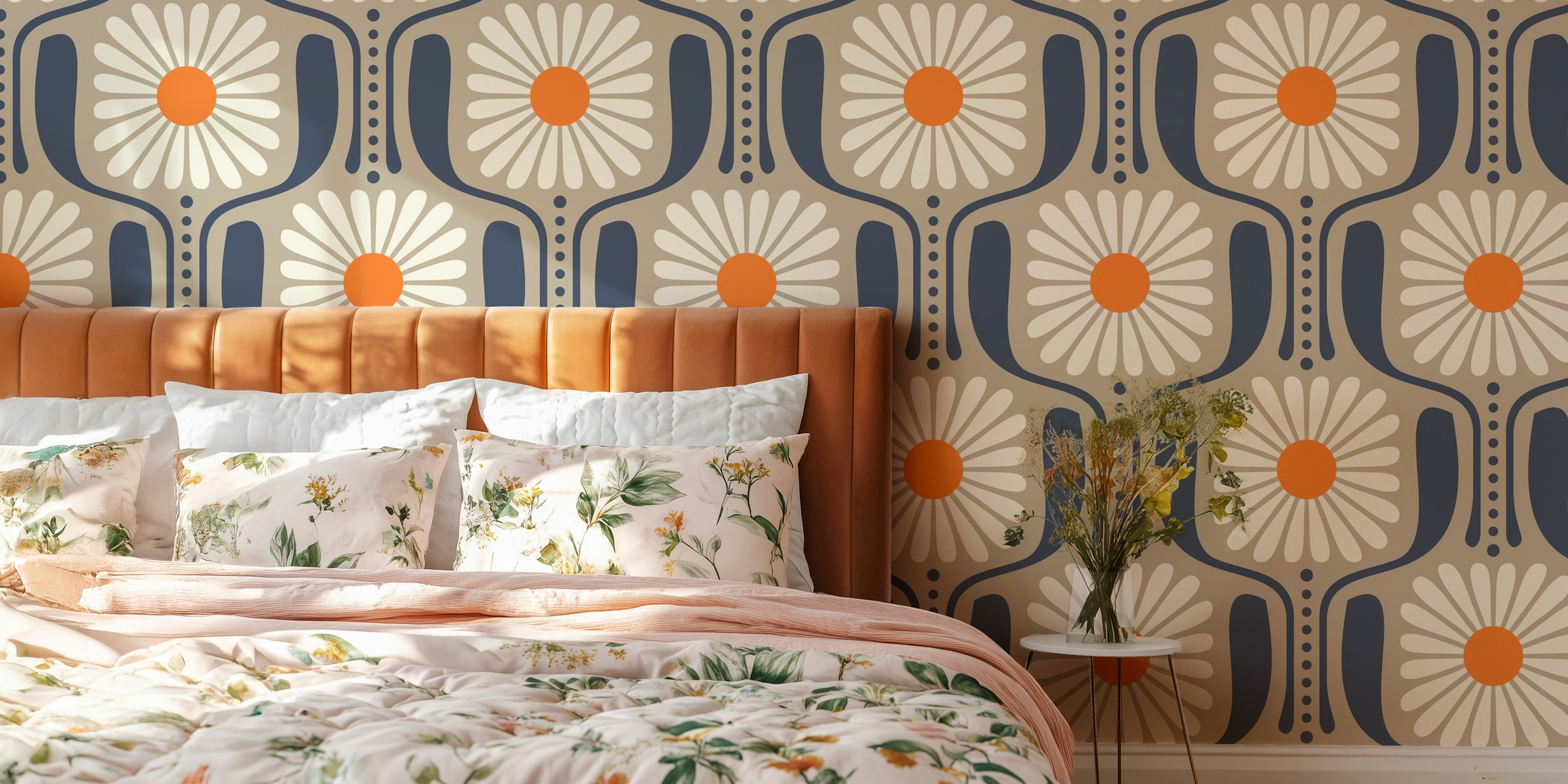 Beige wallpaper featuring large white daisies with orange centers, retro floral design