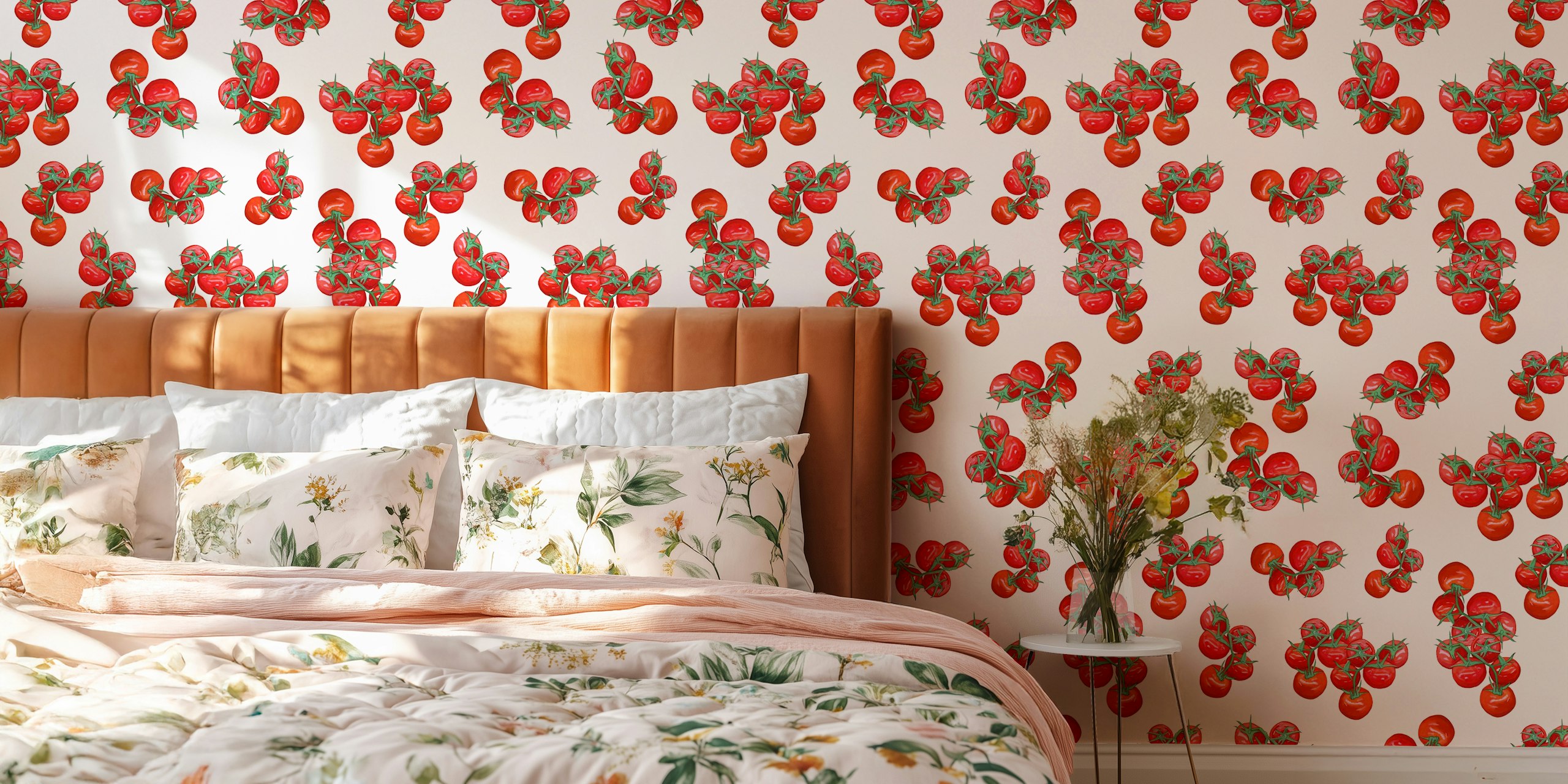 Rode tomaten op groene takken op een witte achtergrond wallpaper