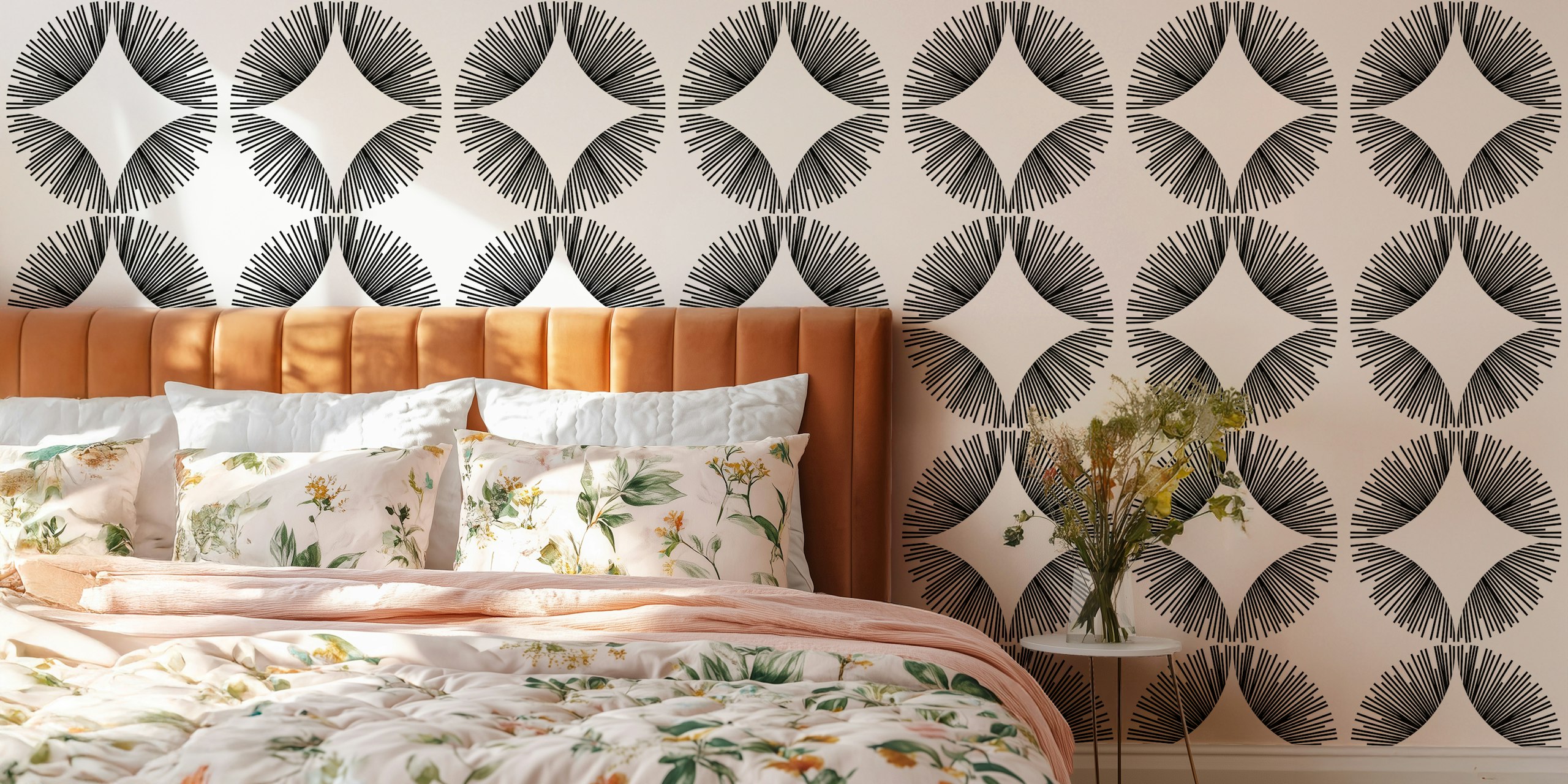 Geometric black and white burst pattern wallpaper