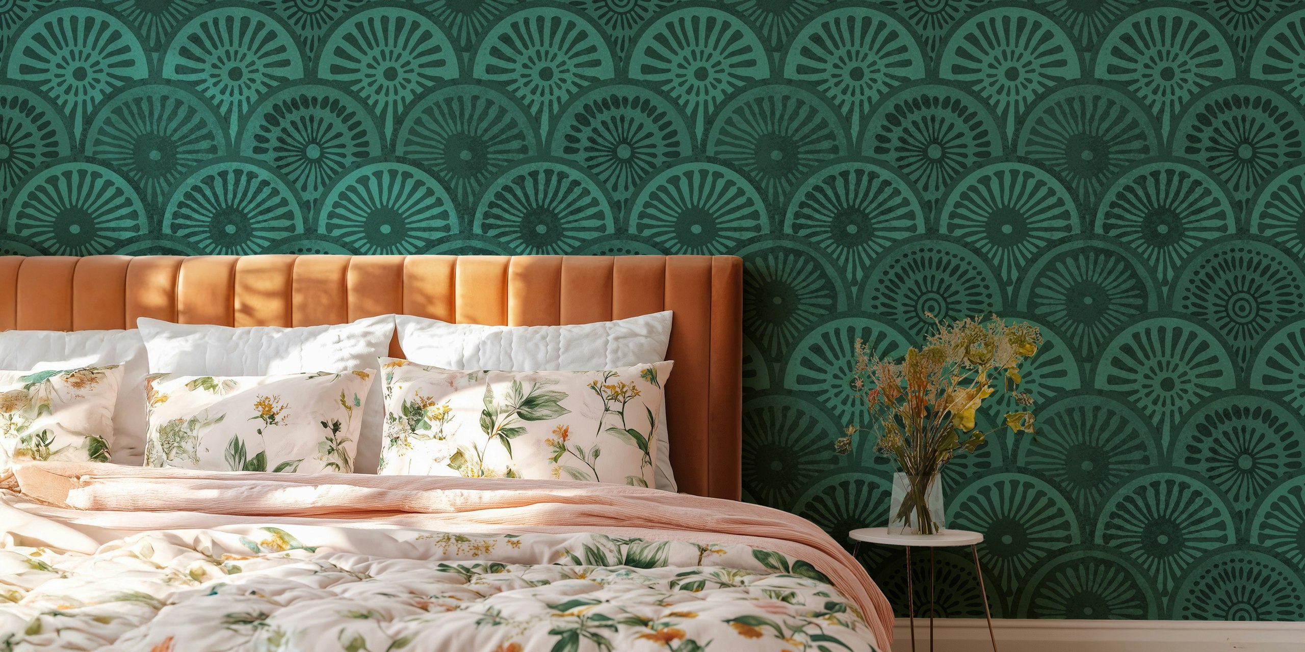 Emerald teal scallop shapes wallpaper in bohemian style