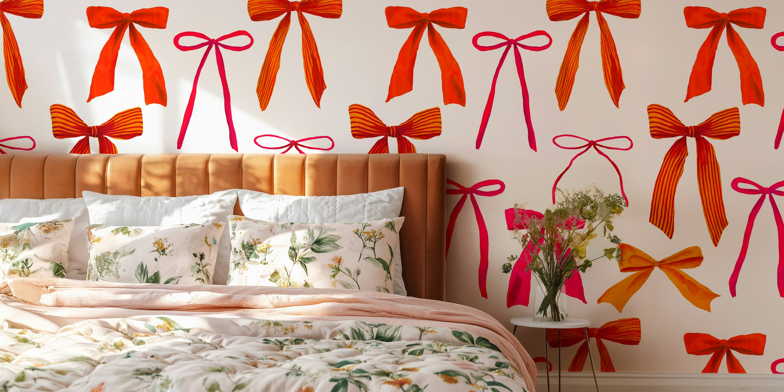 Colorful watercolor bow patterns in pink, orange, and yellow wallpaper