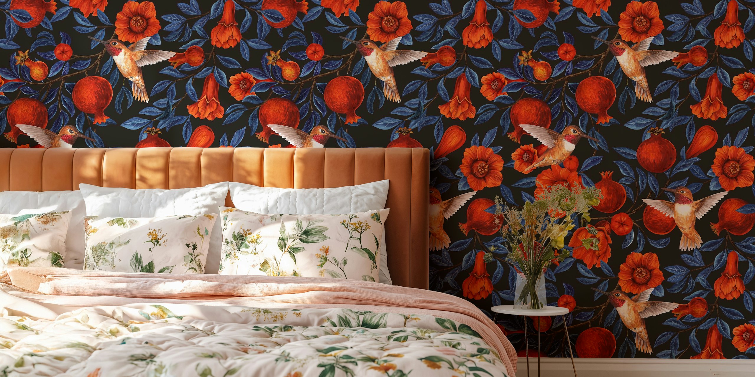 Pomegranates and hummingbirds on dark background wallpaper
