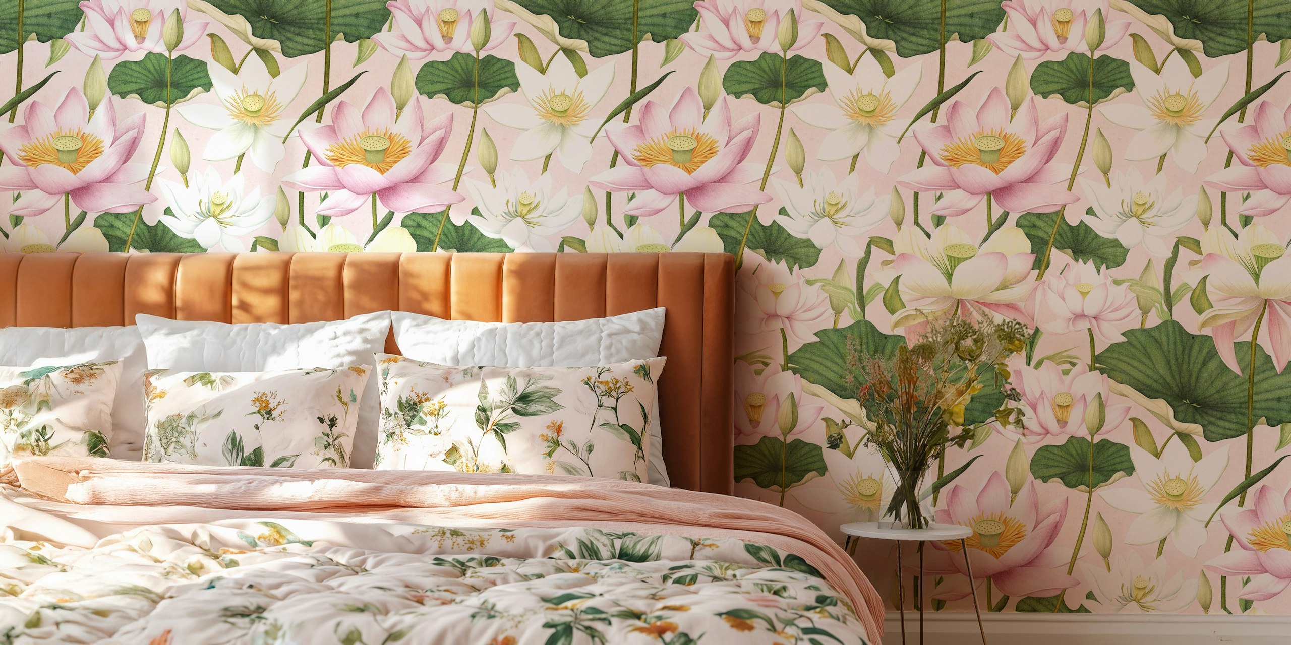 Pink and white cherry blossoms with green leaves wallpaper