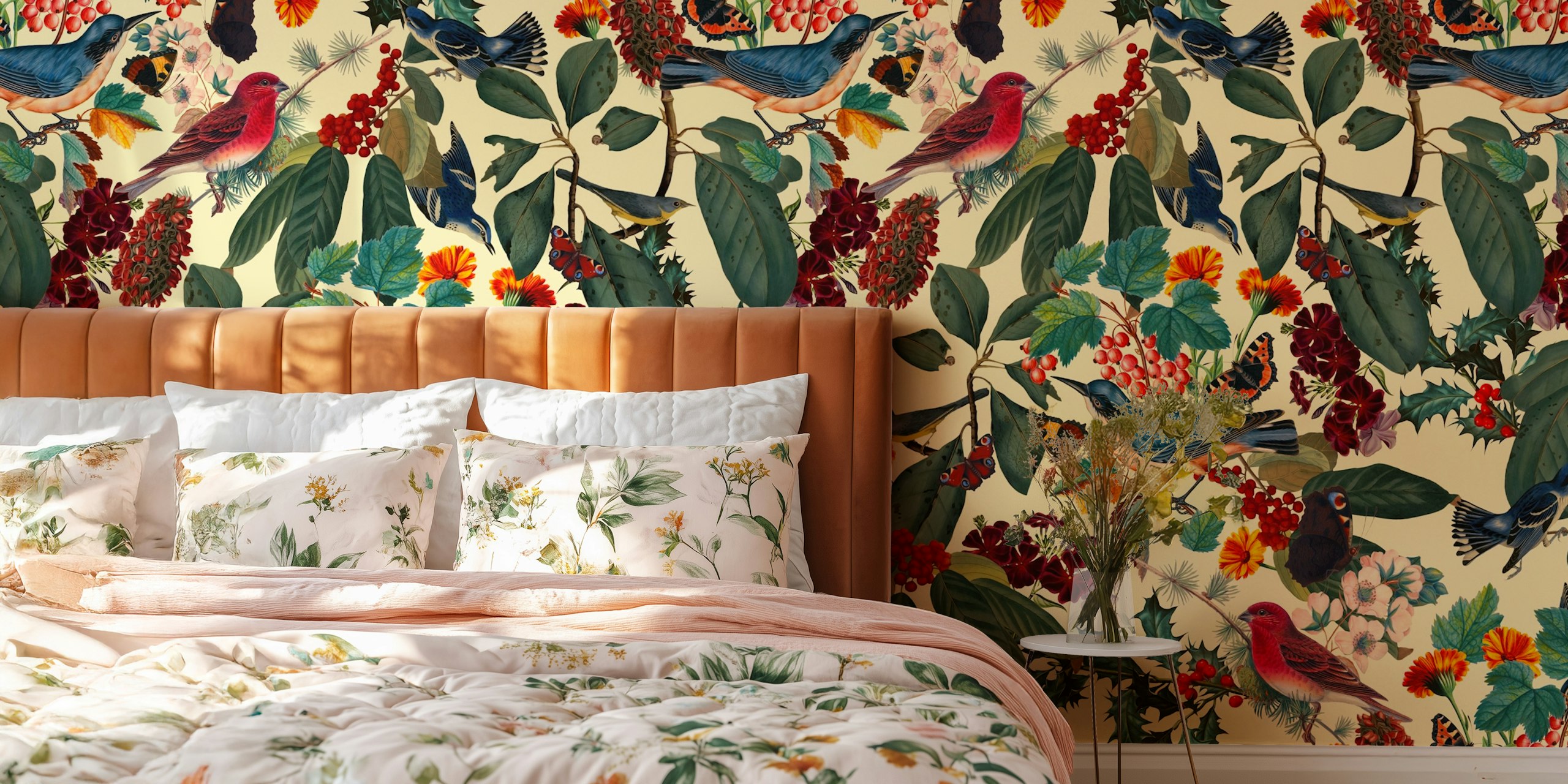 Colorful birds and flowers on a light background floral wallpaper