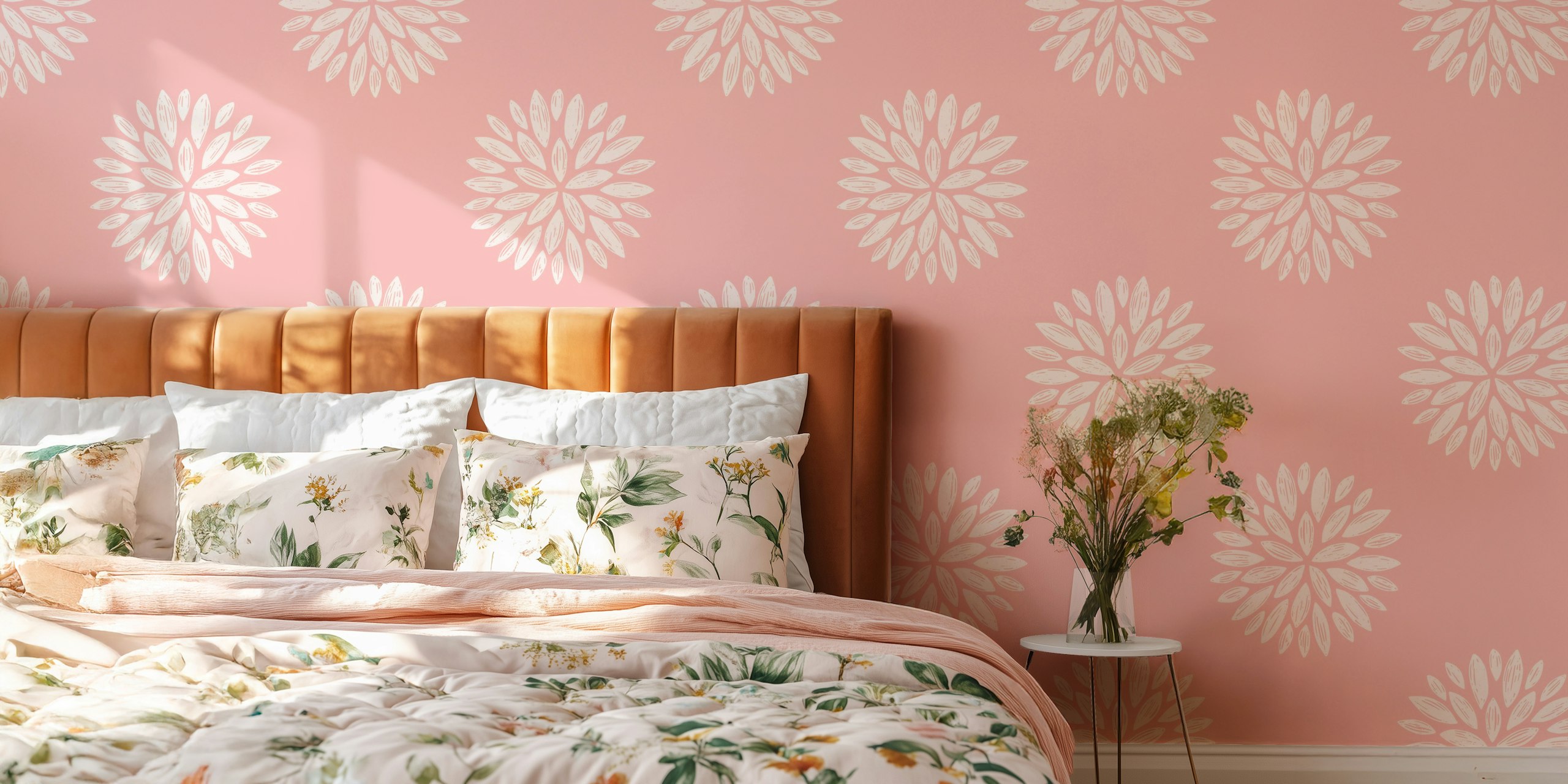 Floral pattern in white on pink background wallpaper