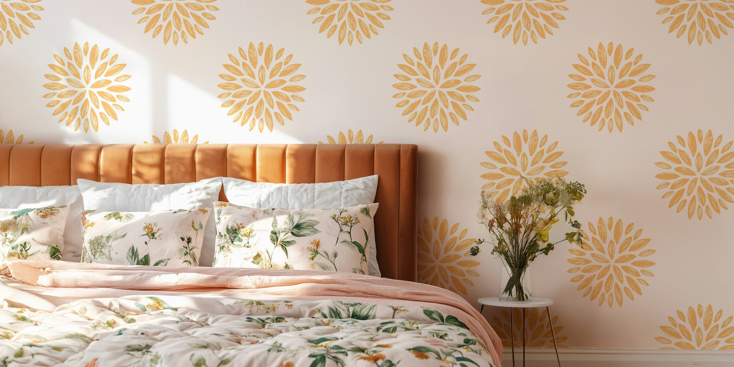 Ταπετσαρία Delicate Floral Beige Sunburst σε ένα δωμάτιο