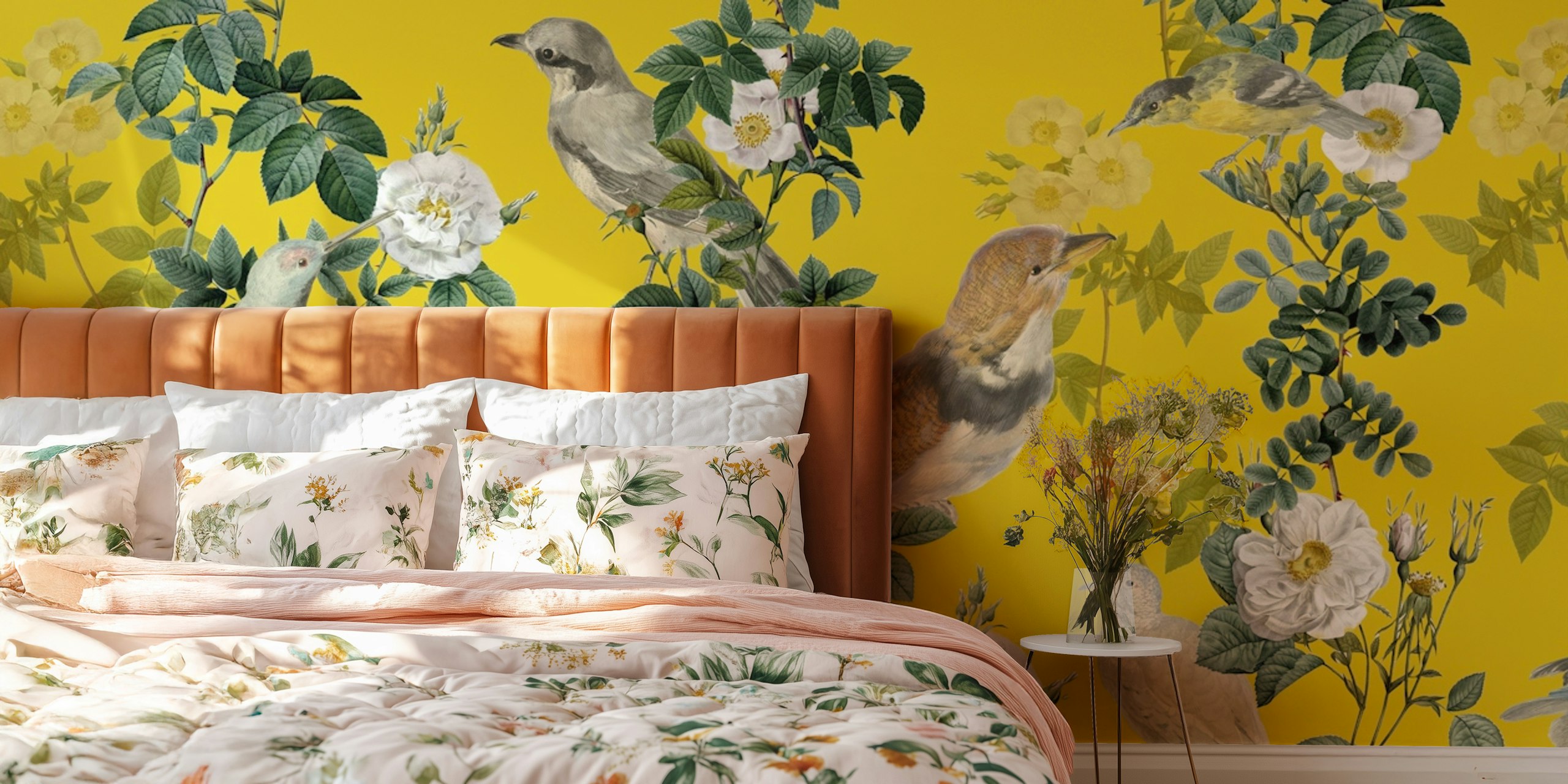 Floral and bird wallpaper design in a room