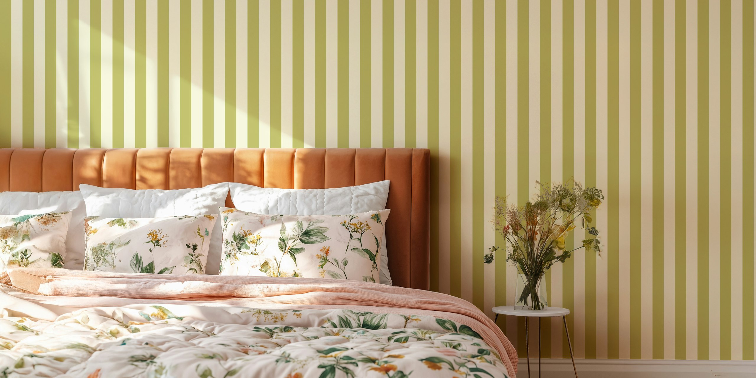 Olive green striped wallpaper with soft beige background