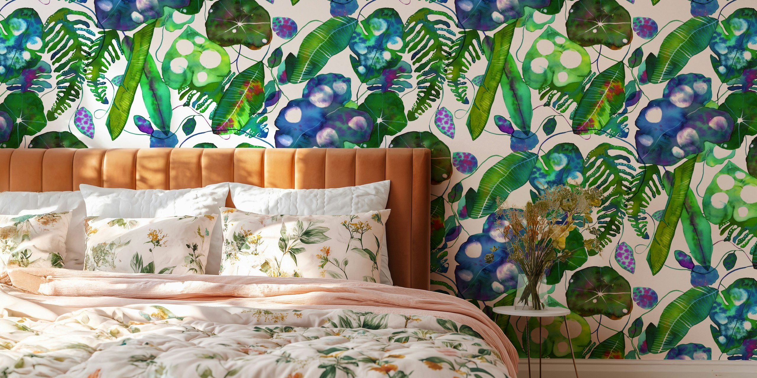 Tropical ferns and leaves in green and blue watercolor wallpaper