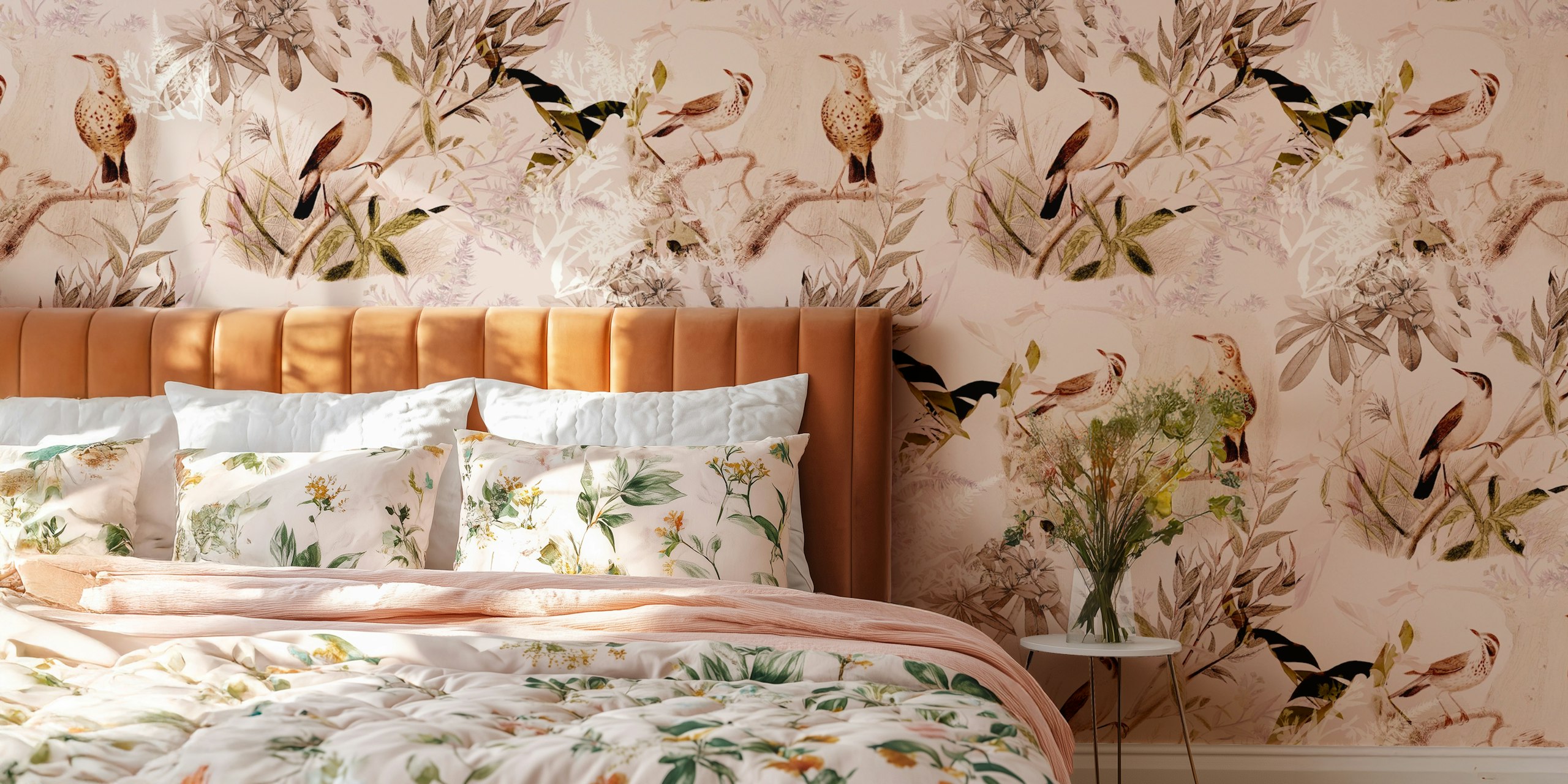 Birds on branches with foliage in soft pastel colors wallpaper
