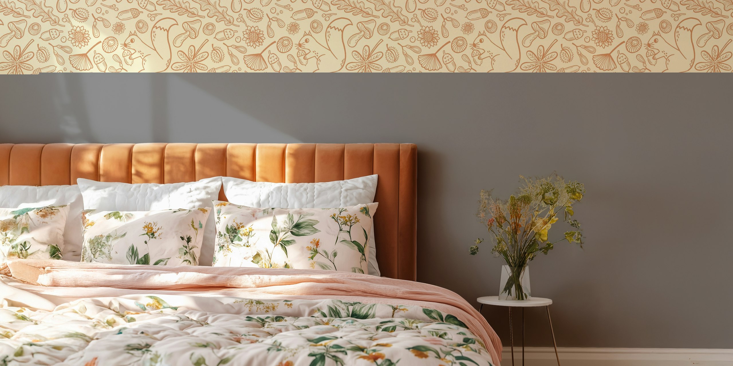 Squirrel and foliage pattern in beige tones wallpaper