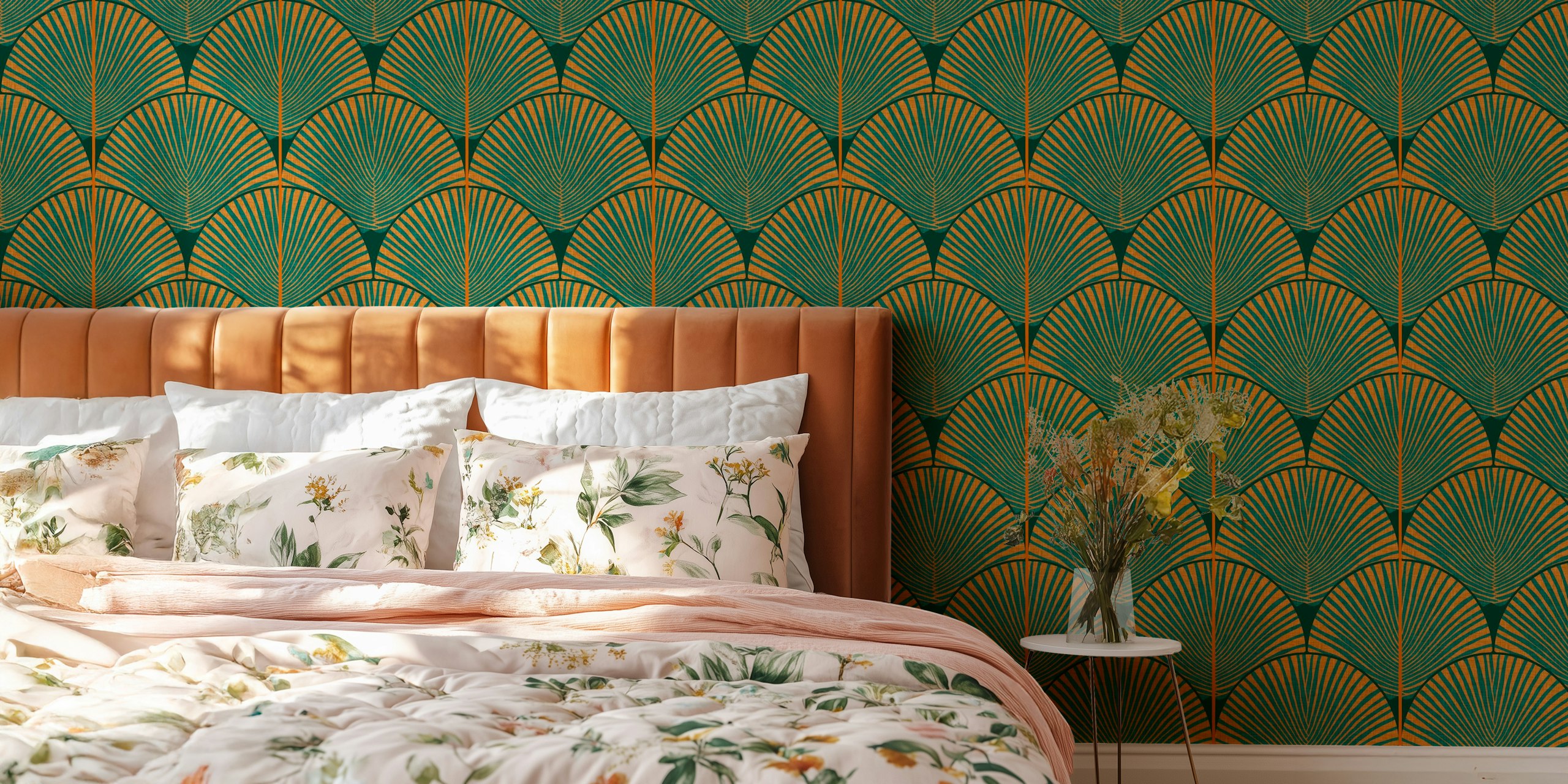 Geometric deco palm leaf wallpaper σε ένα δωμάτιο