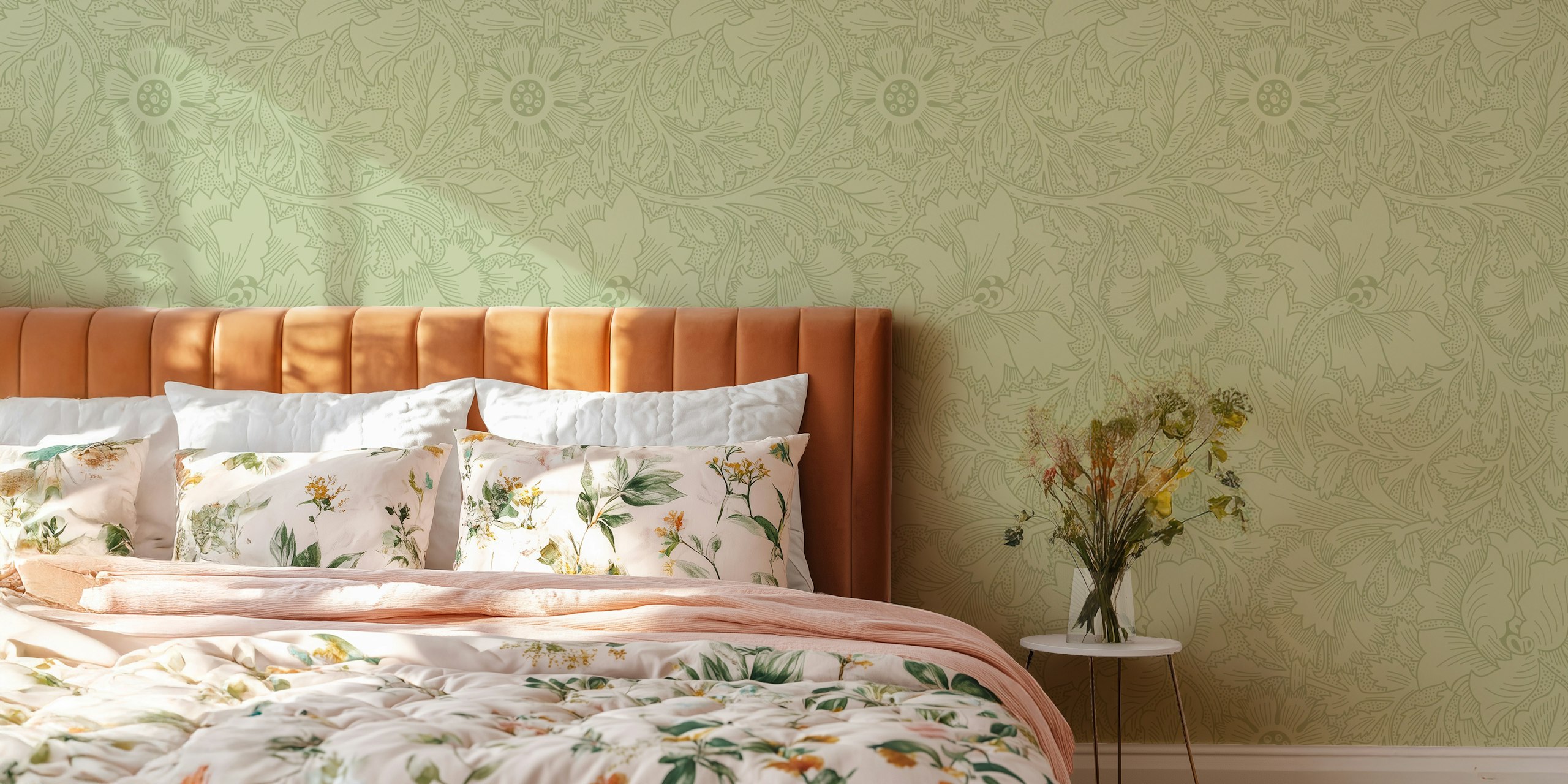 Poppy floral pattern on soft green background wallpaper