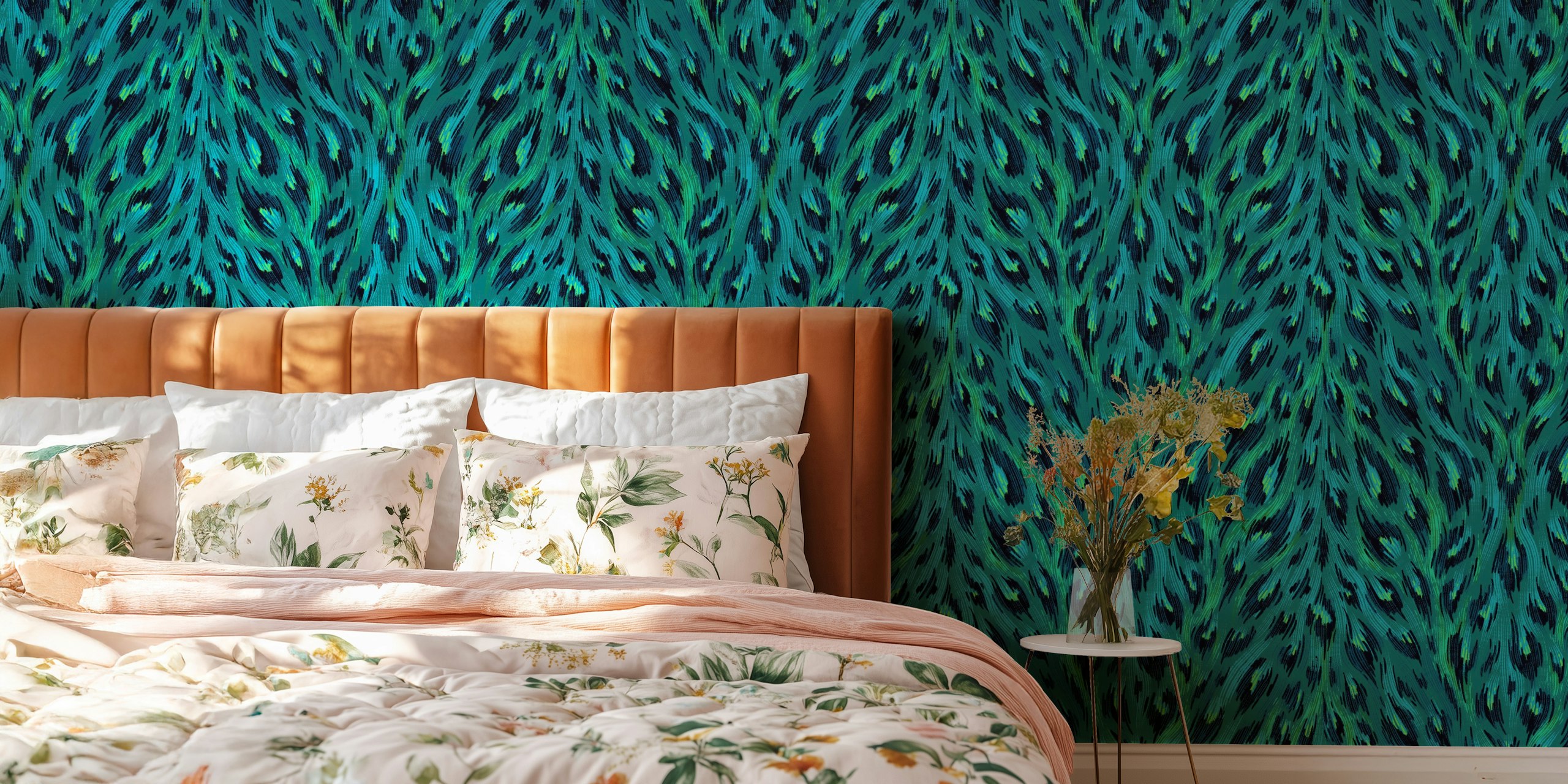 Papel pintado Teal leopard print en una habitación