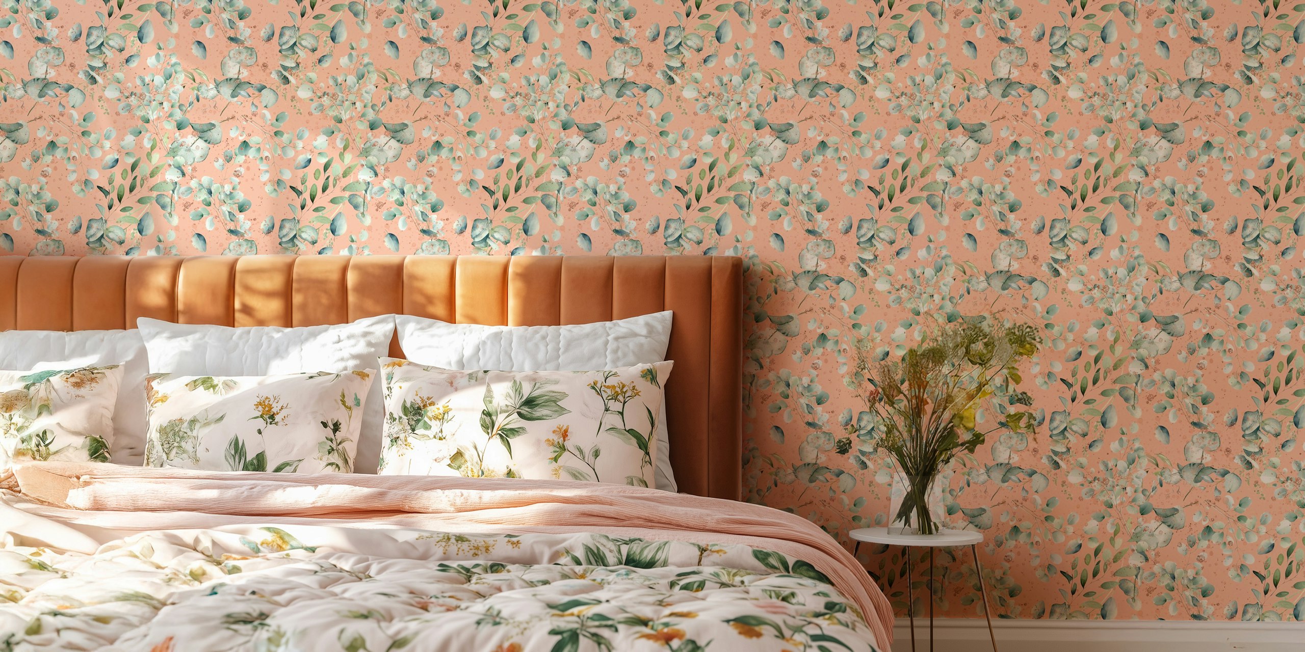 Eucalyptus leaves in soft teal on peach background wallpaper