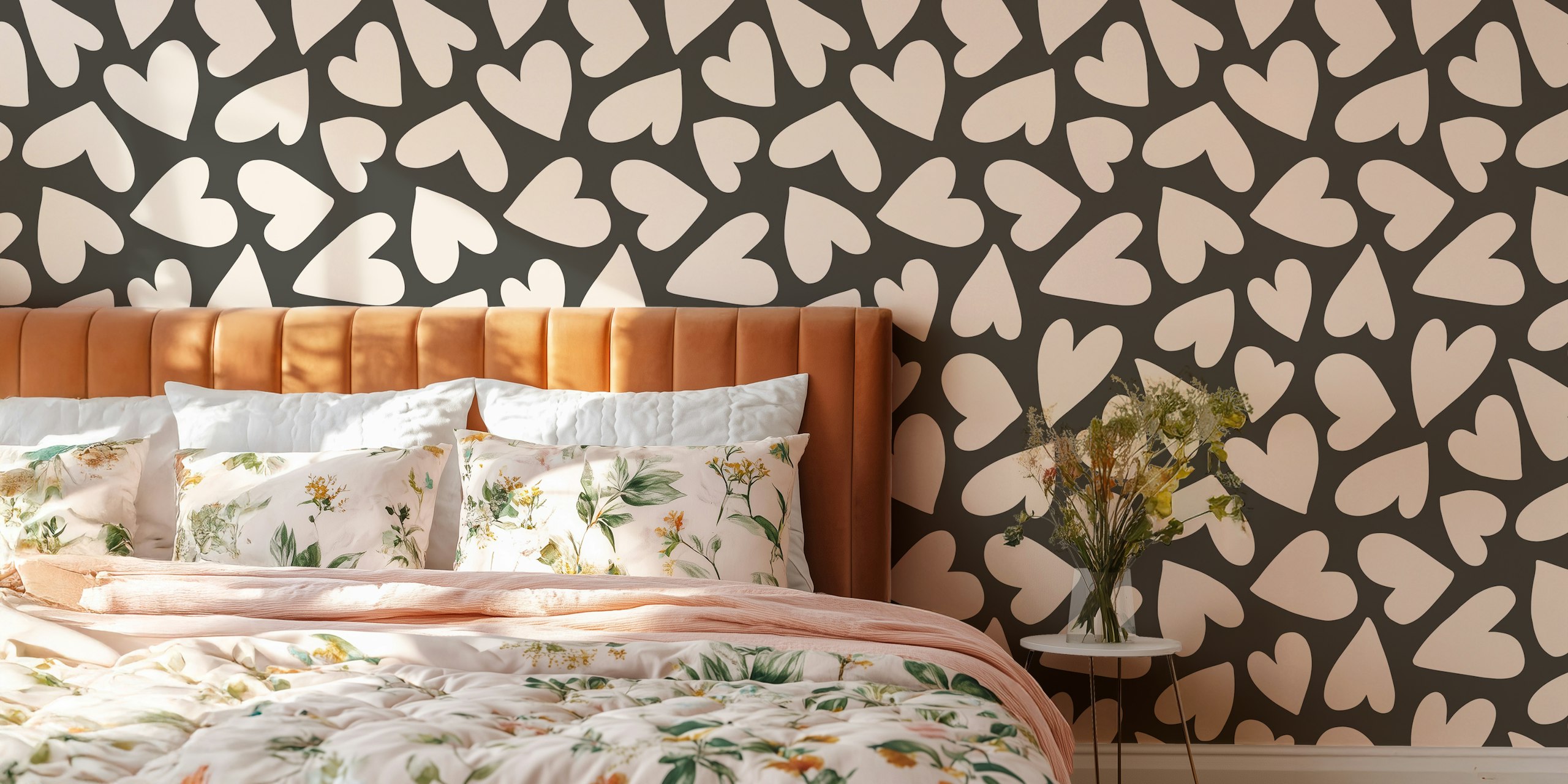 Heart shapes in cream on a dark gray background wallpaper