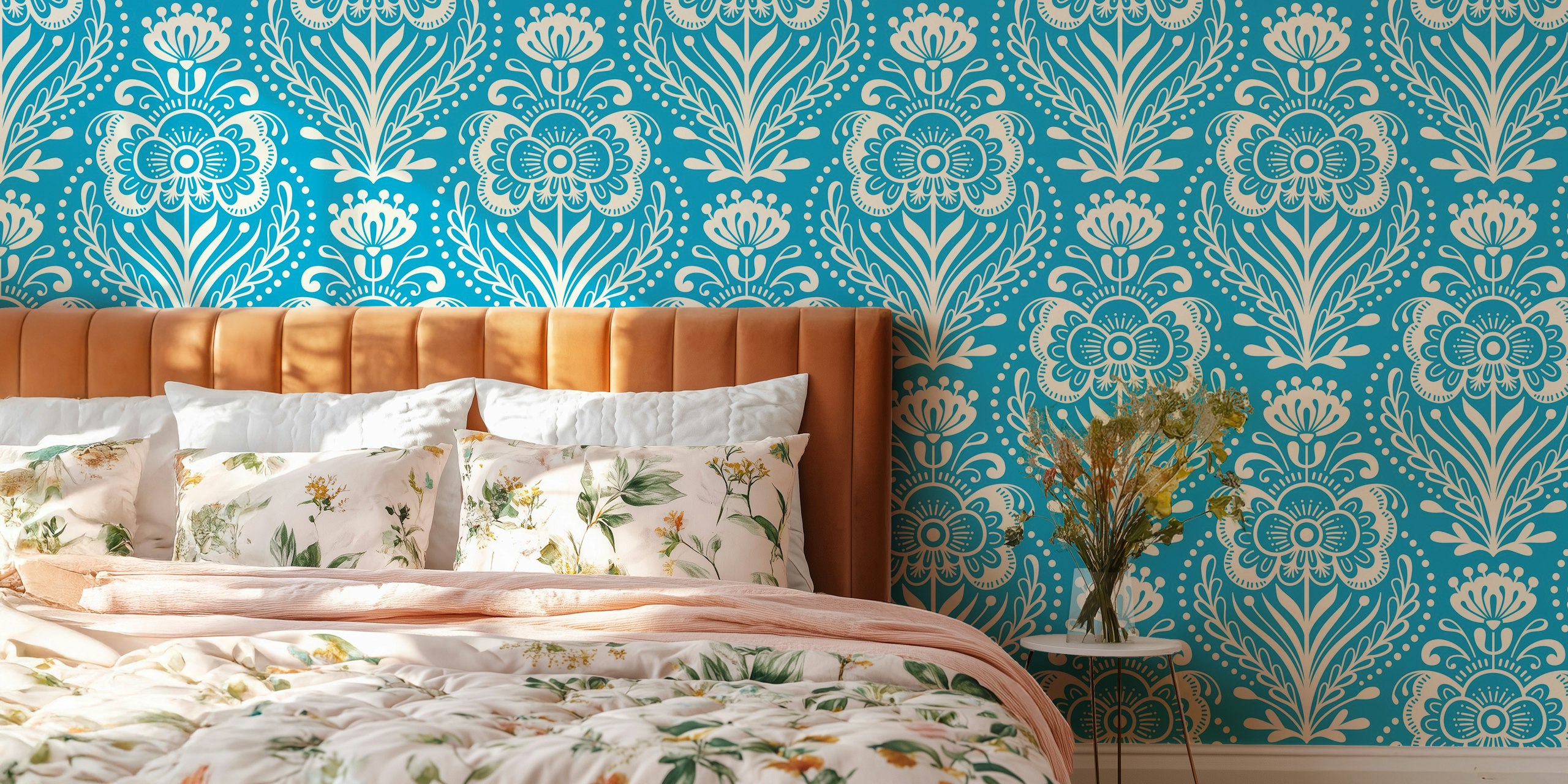 Floral pattern in light blue and white colors wallpaper