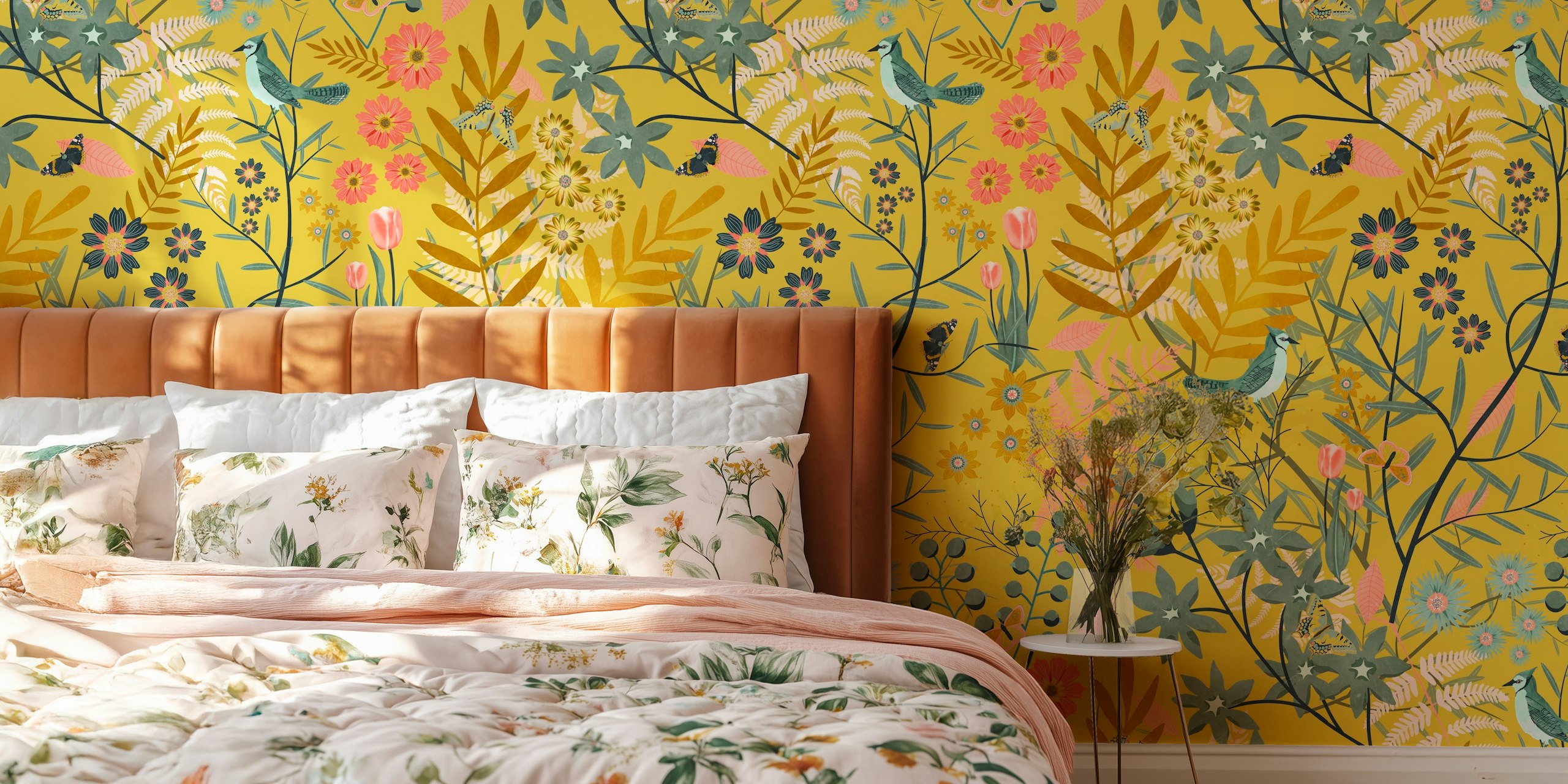 Colorful birds, butterflies, and floral patterns on mustard wallpaper